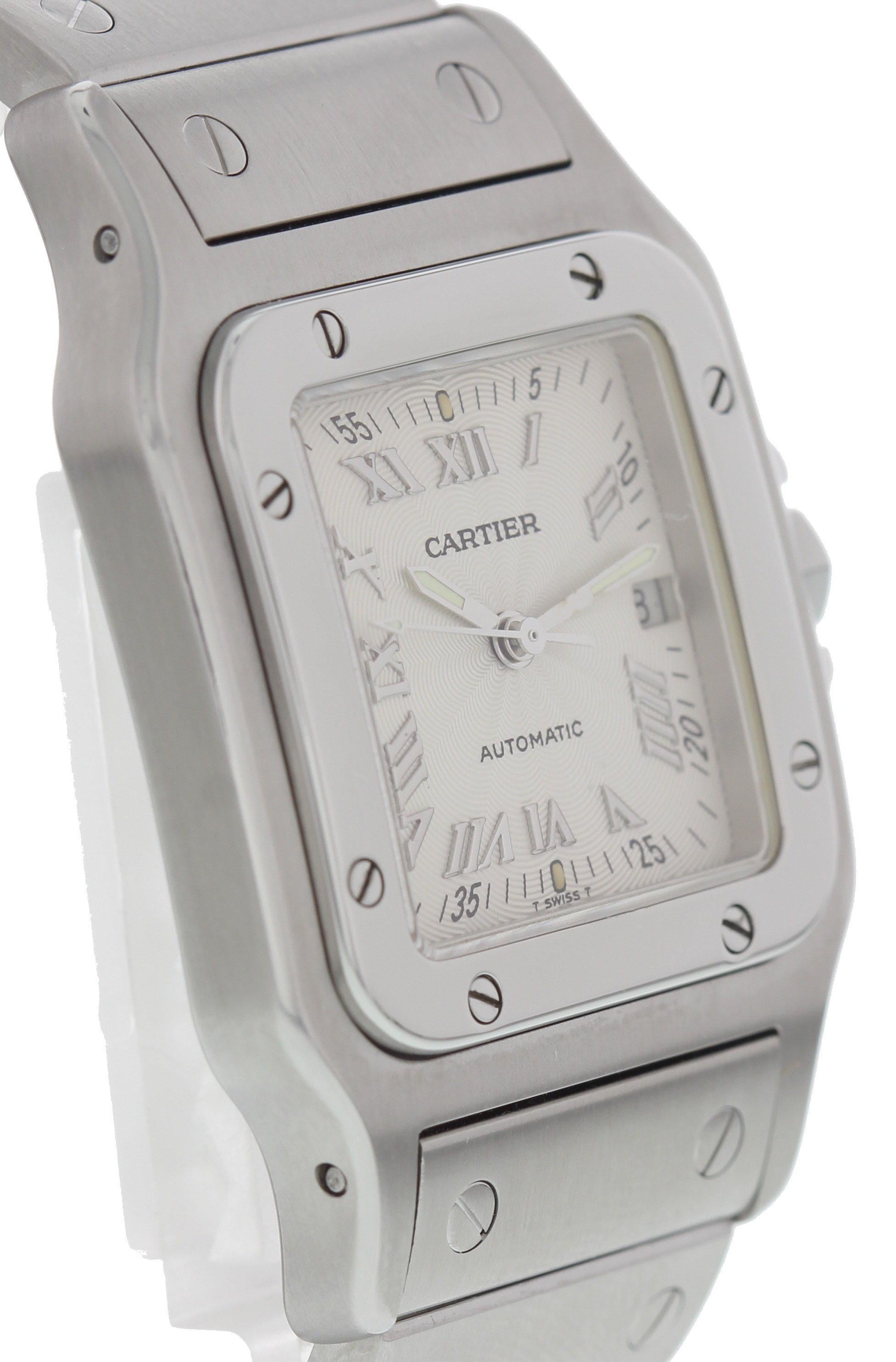 Cartier Santos Galbee 2319. Stainless steel 31 mm case. Stainless steel bezel. White guilloche dial with steel Roman numeral markers along with a date display. The crown has a blue cabochon. Stainless steel band, can fit up to a 6.5 inch wrist.