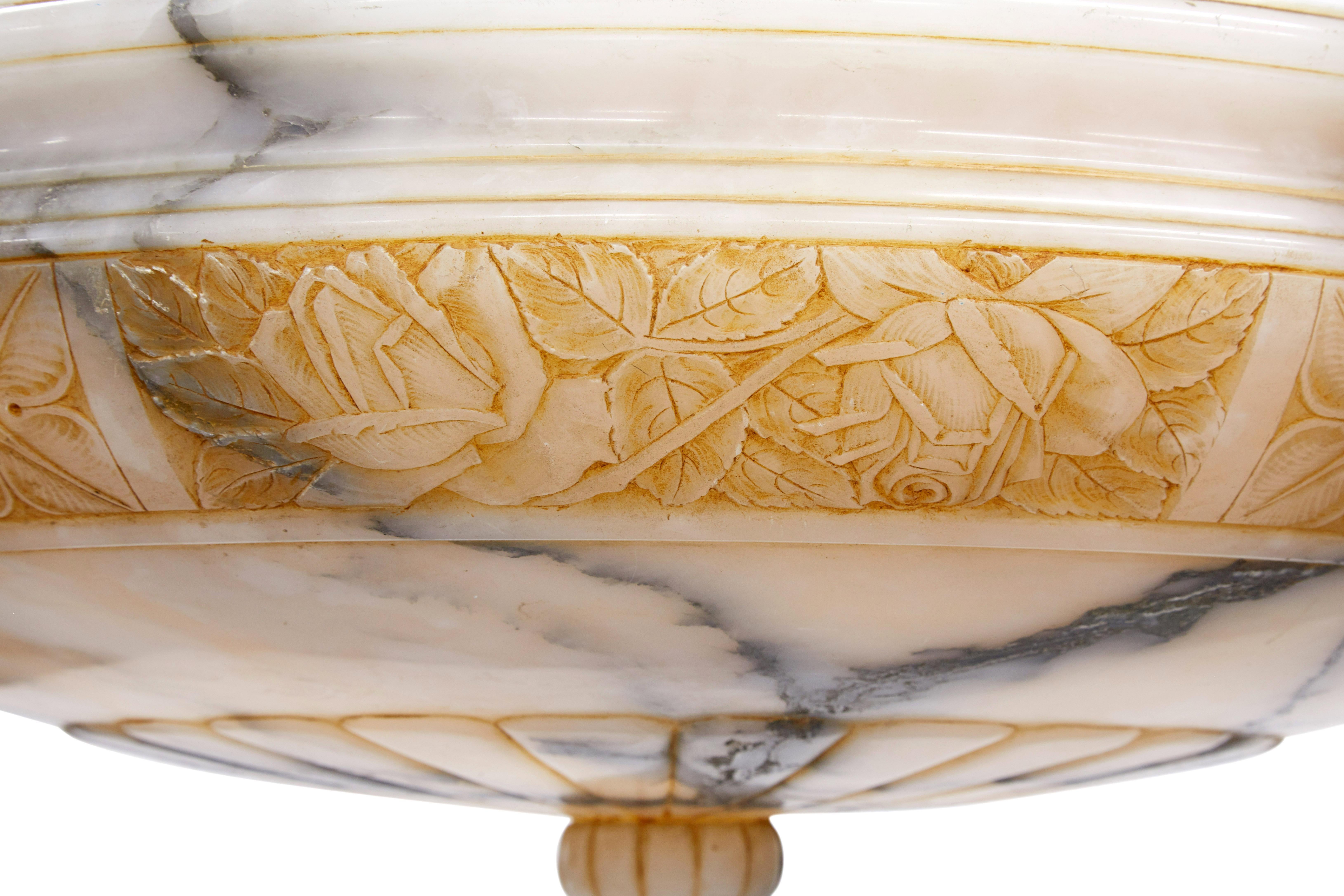 Large carved alabaster art deco pendant light In Good Condition For Sale In Debenham, Suffolk
