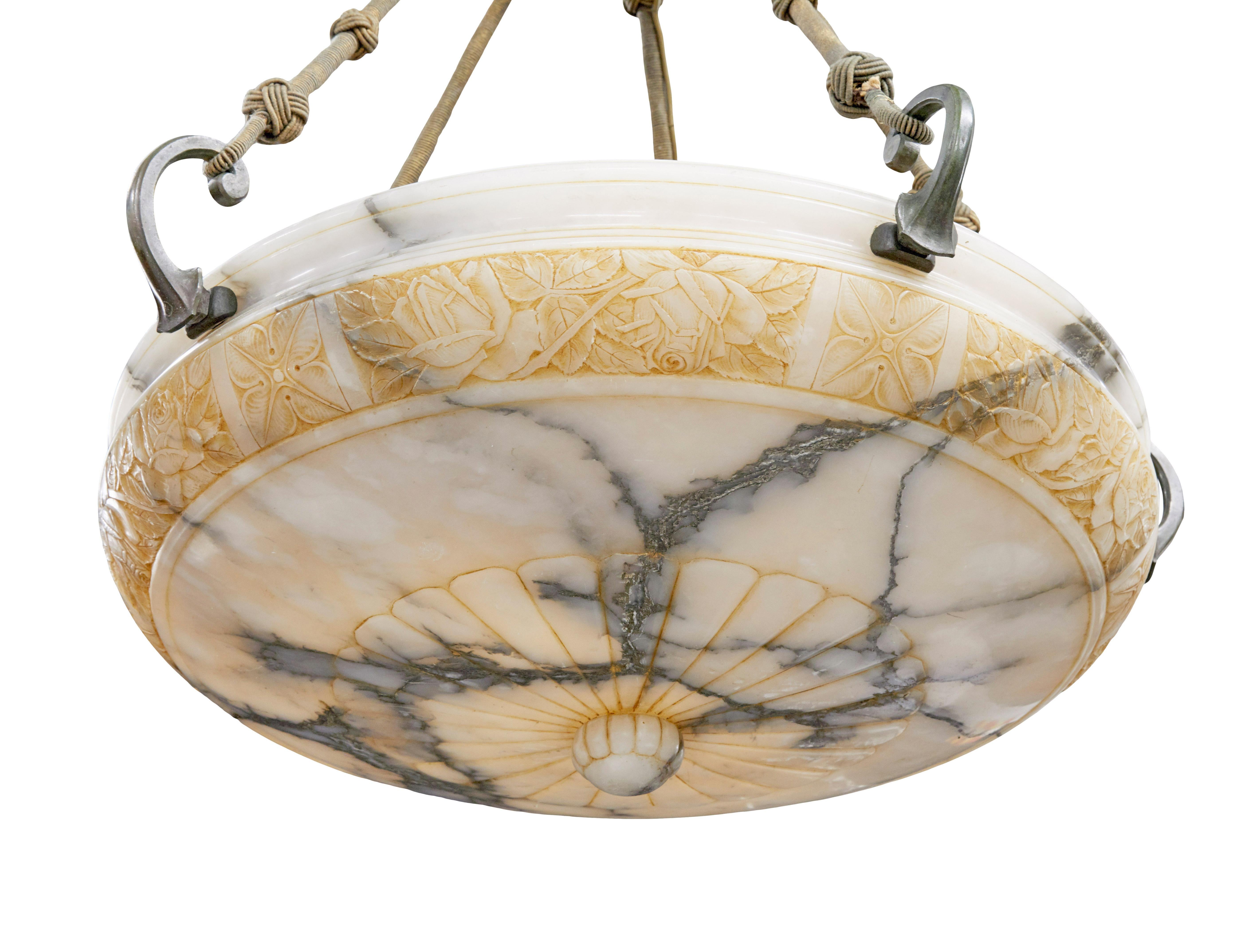 Metal Large carved alabaster art deco pendant light For Sale