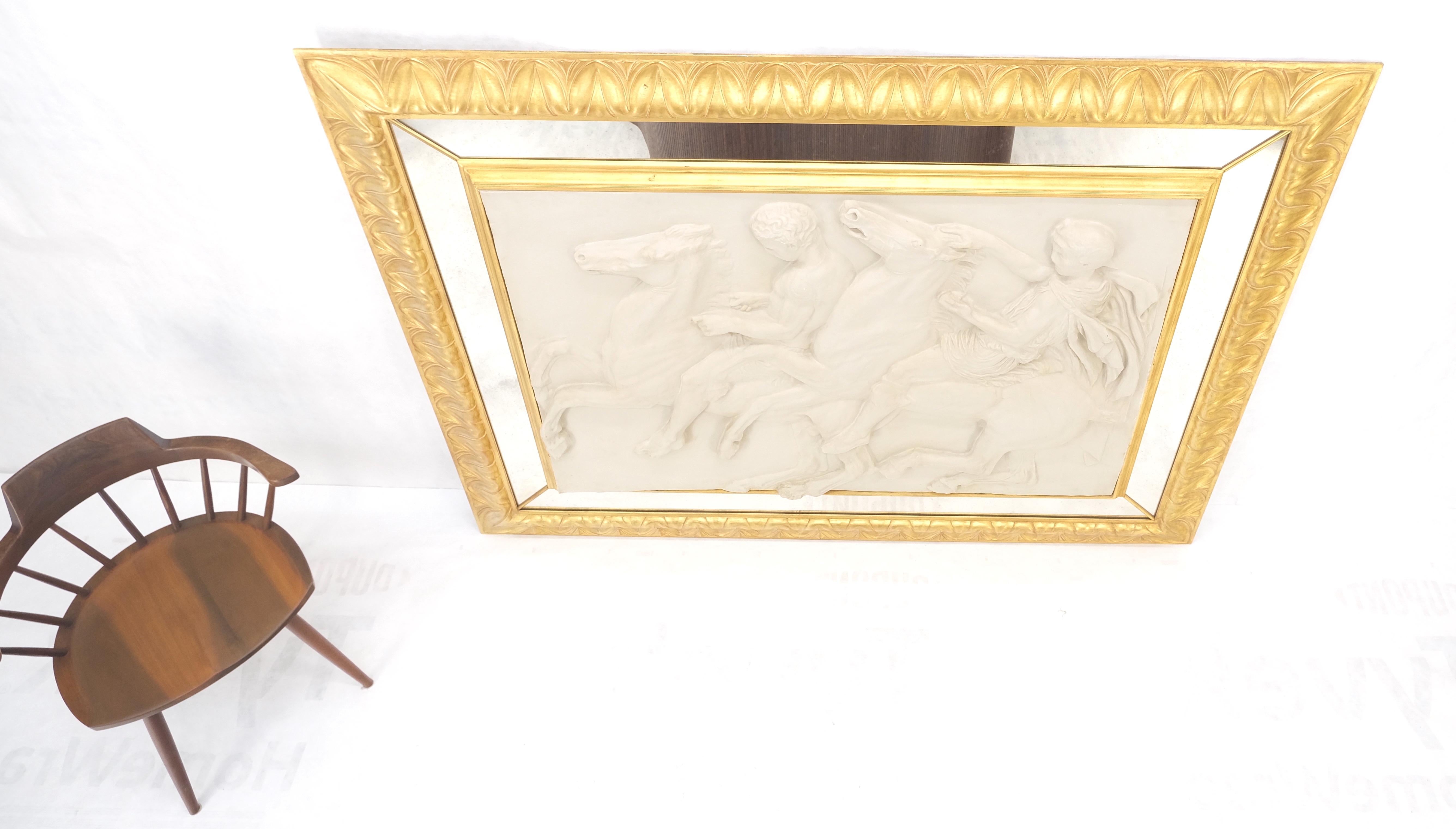 Large Carved Alabaster Horse Riding Scene Wall Plaque In Gold Leaf Mirror Frame 6