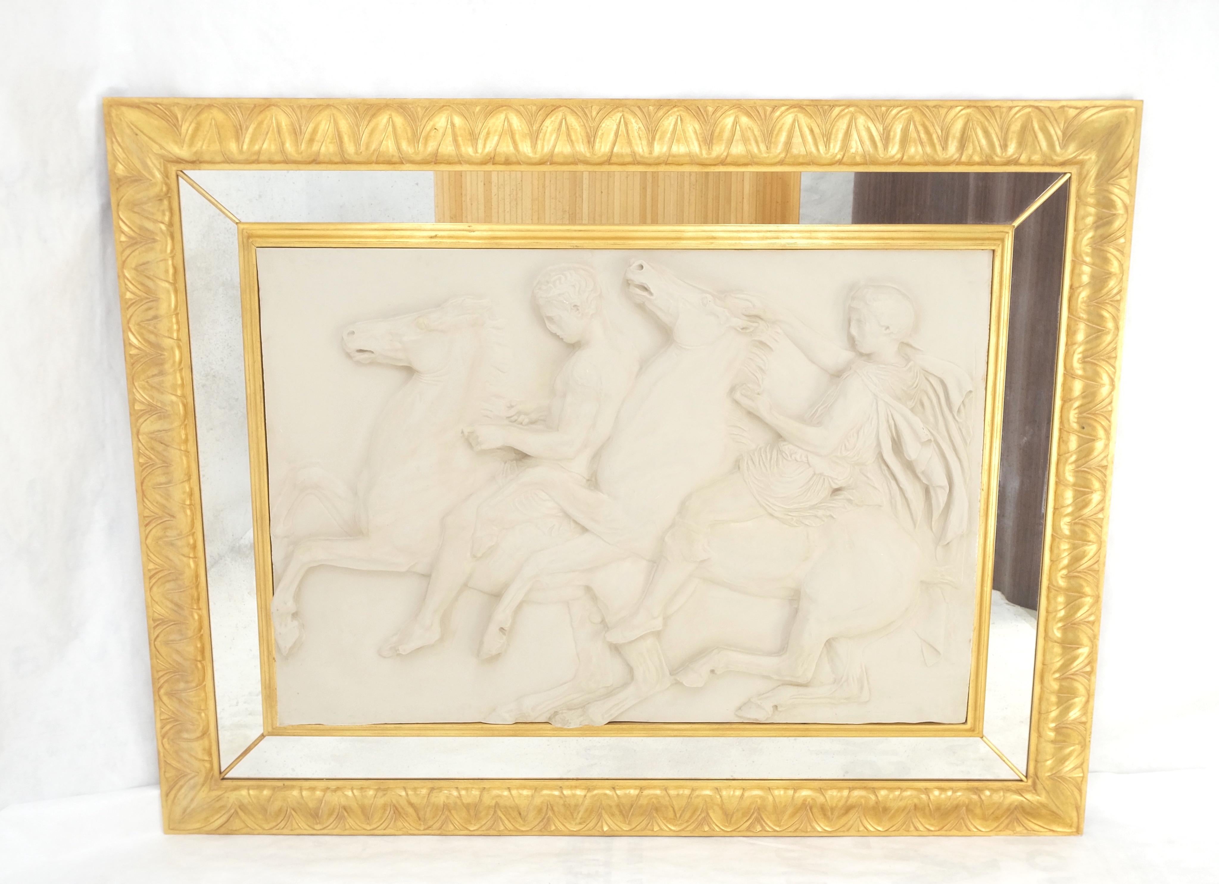 Large Carved Alabaster Horse Riding Scene Wall Plaque In Gold Leaf Mirror Frame 8