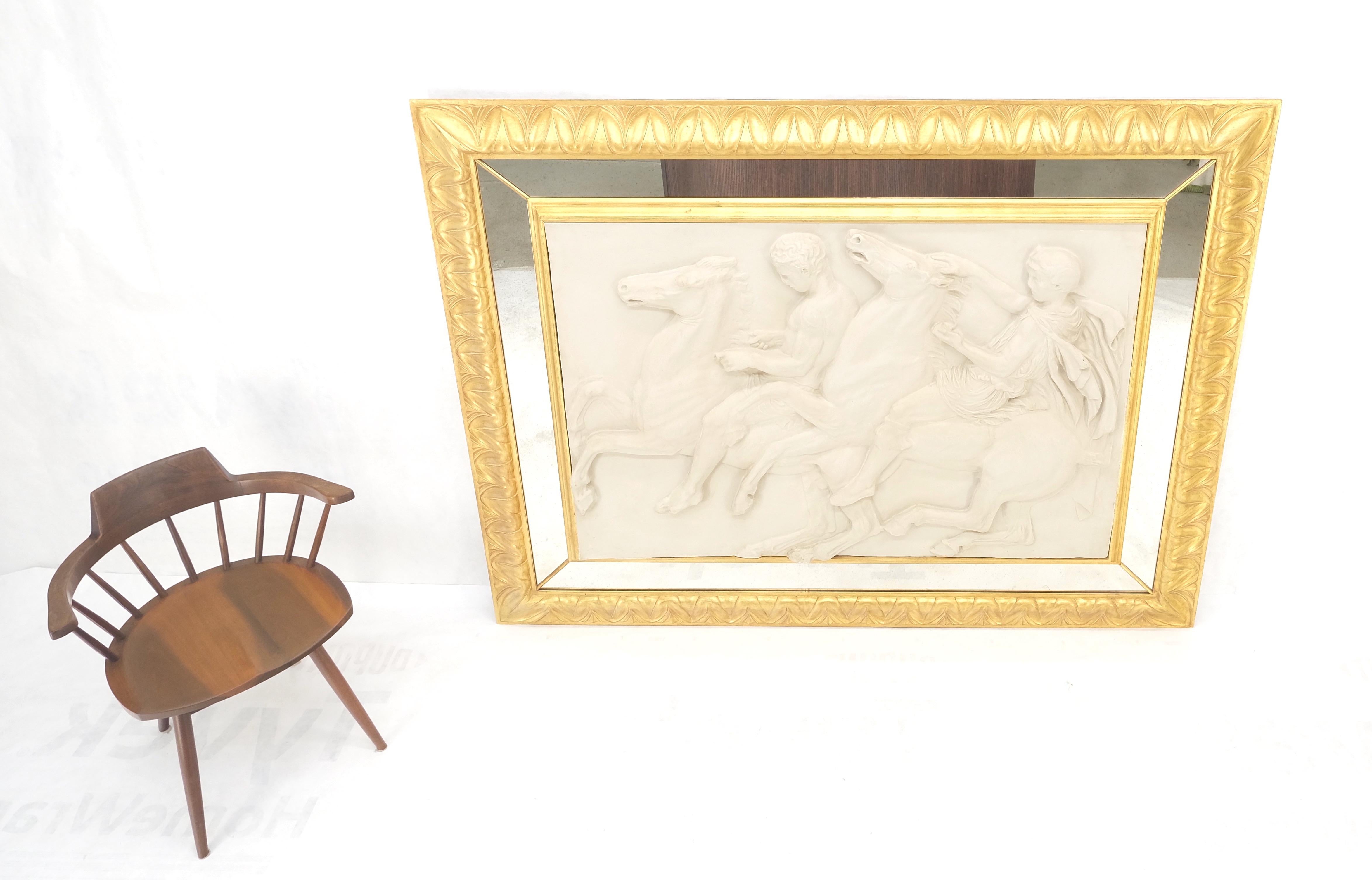 Rococo Revival Large Carved Alabaster Horse Riding Scene Wall Plaque In Gold Leaf Mirror Frame