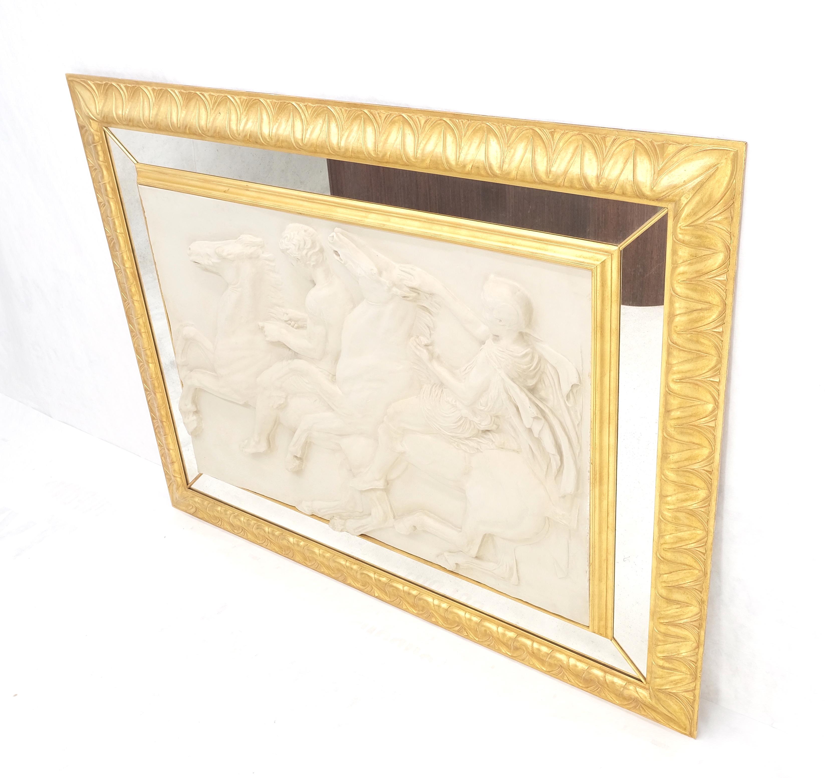 Large Carved Alabaster Horse Riding Scene Wall Plaque In Gold Leaf Mirror Frame In Good Condition In Rockaway, NJ
