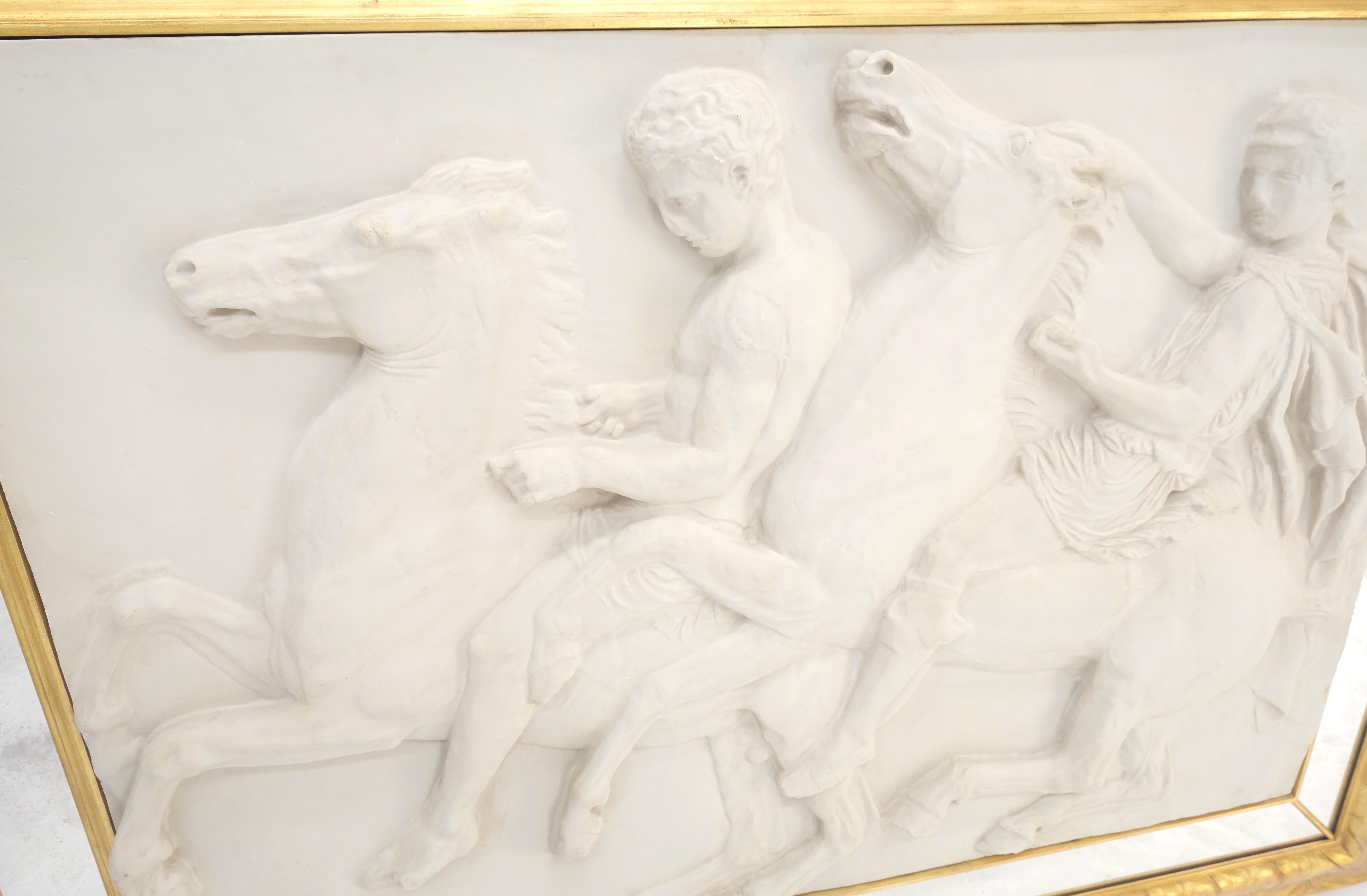 20th Century Large Carved Alabaster Horse Riding Scene Wall Plaque In Gold Leaf Mirror Frame