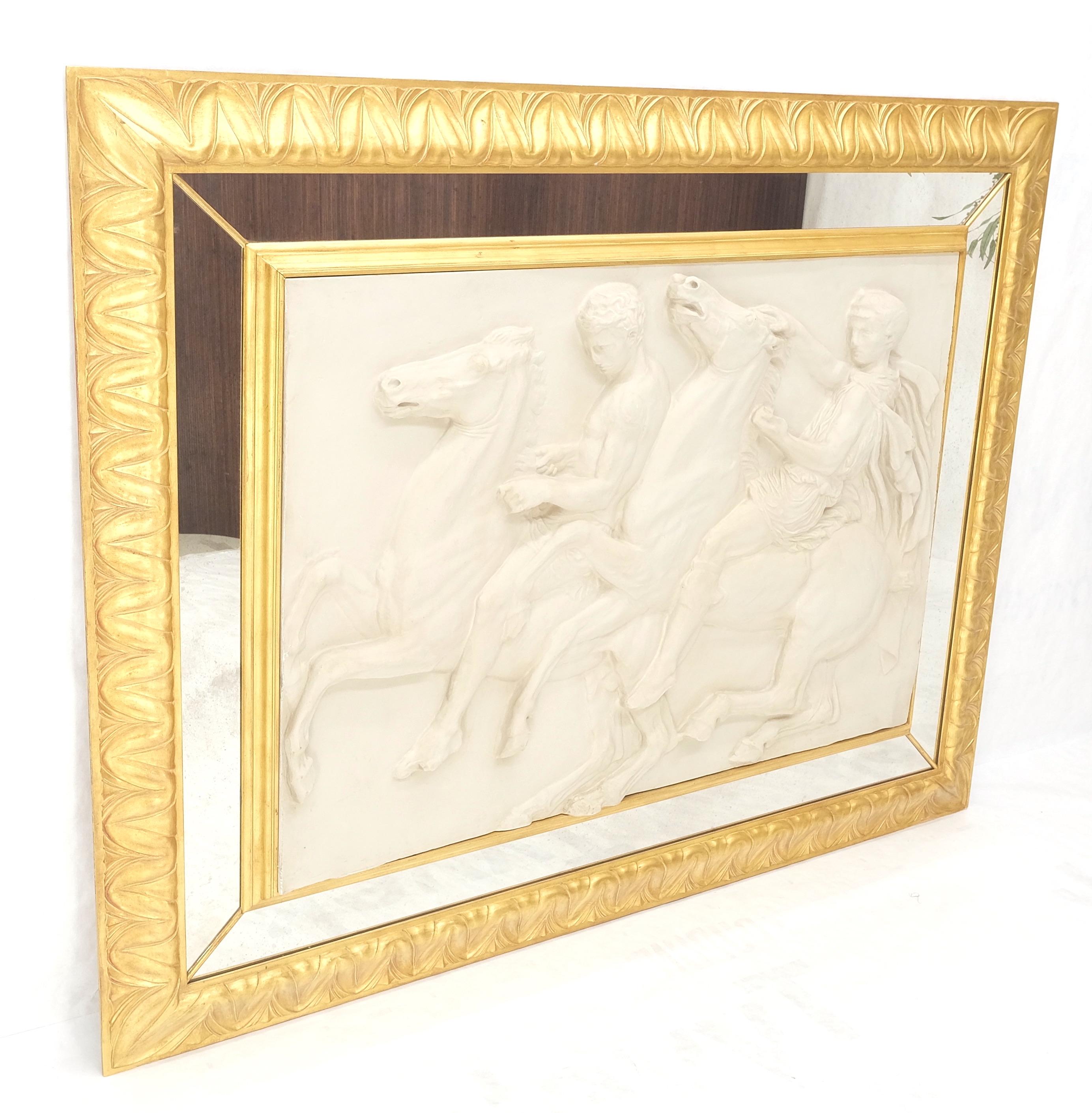 Large Carved Alabaster Horse Riding Scene Wall Plaque In Gold Leaf Mirror Frame 3