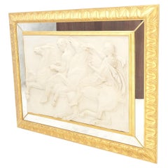 Large Carved Alabaster Horse Riding Scene Wall Plaque In Gold Leaf Mirror Frame