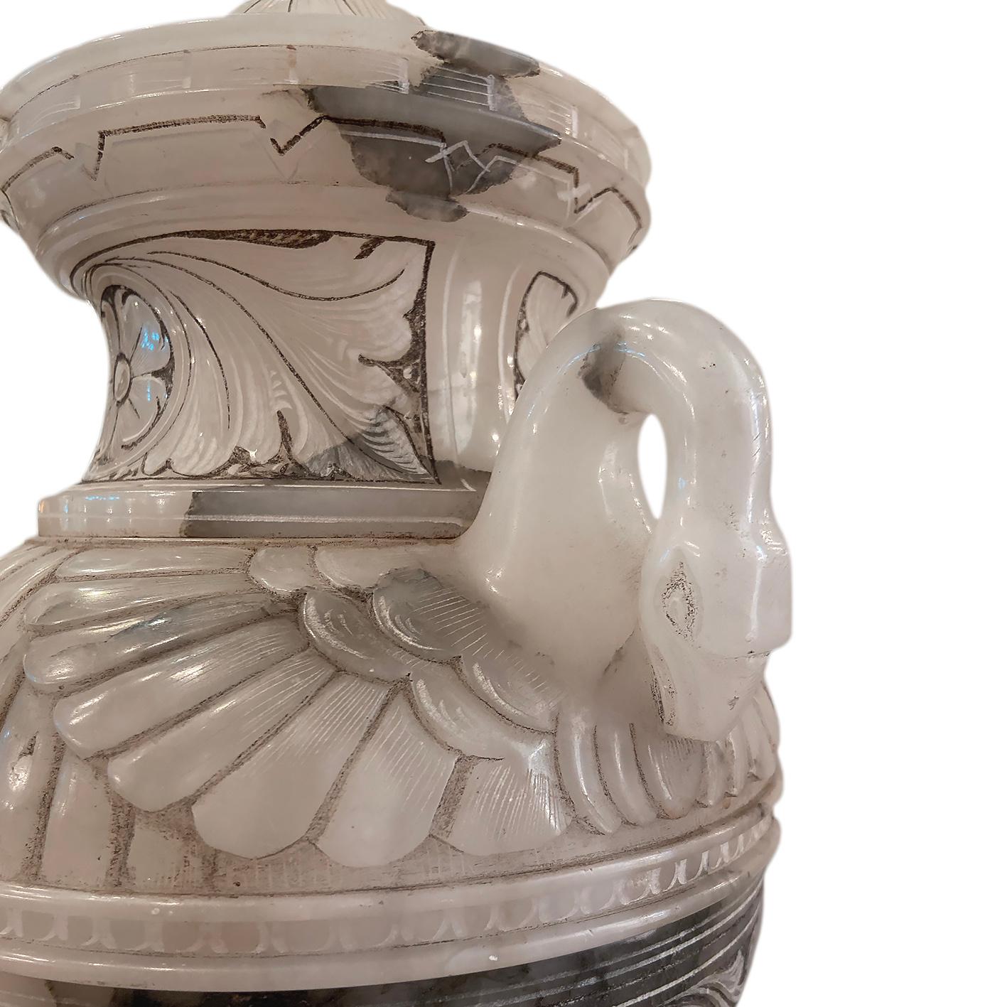 French Large Carved Alabaster Urn Lamp