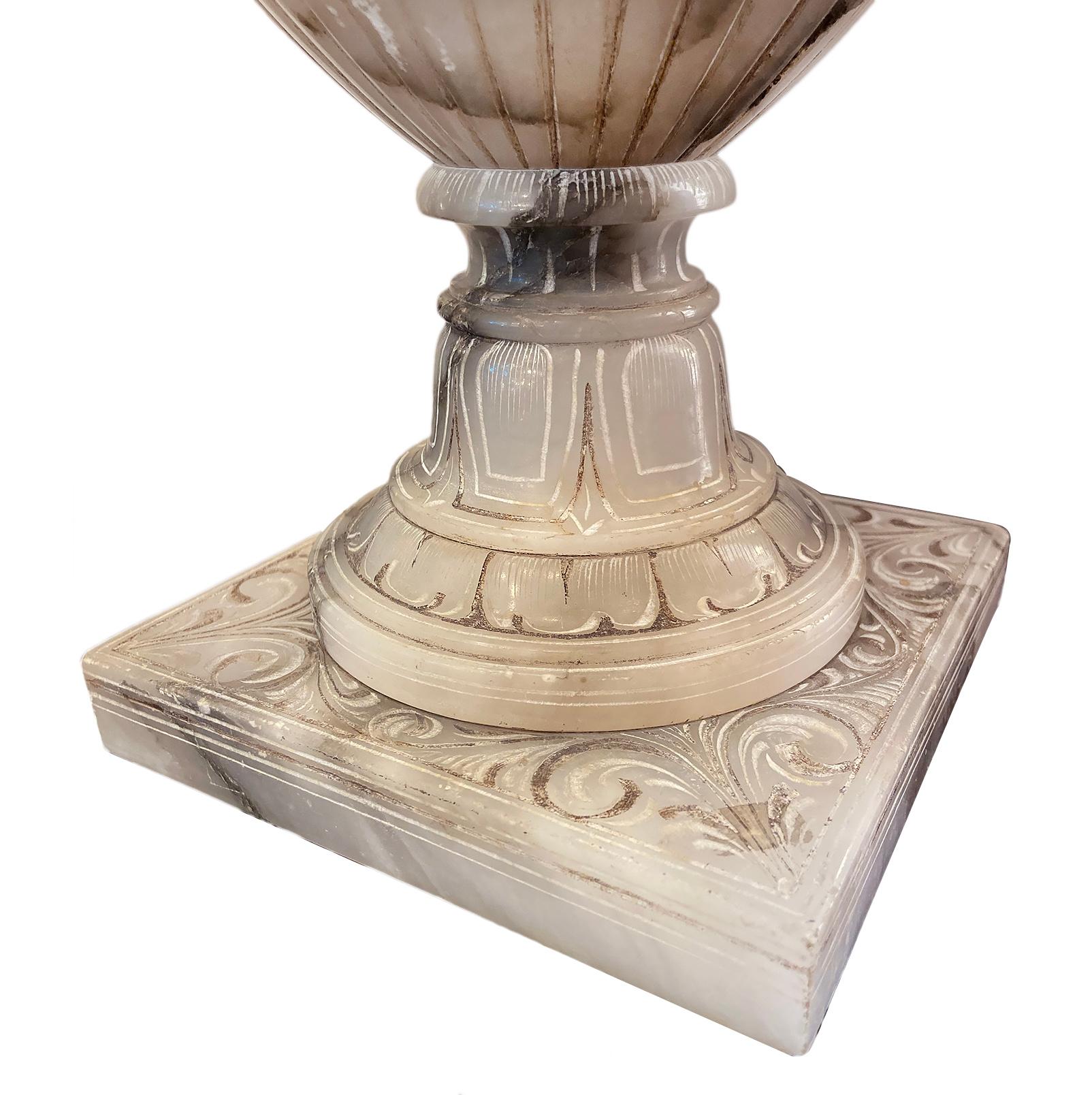Large Carved Alabaster Urn Lamp In Good Condition In New York, NY
