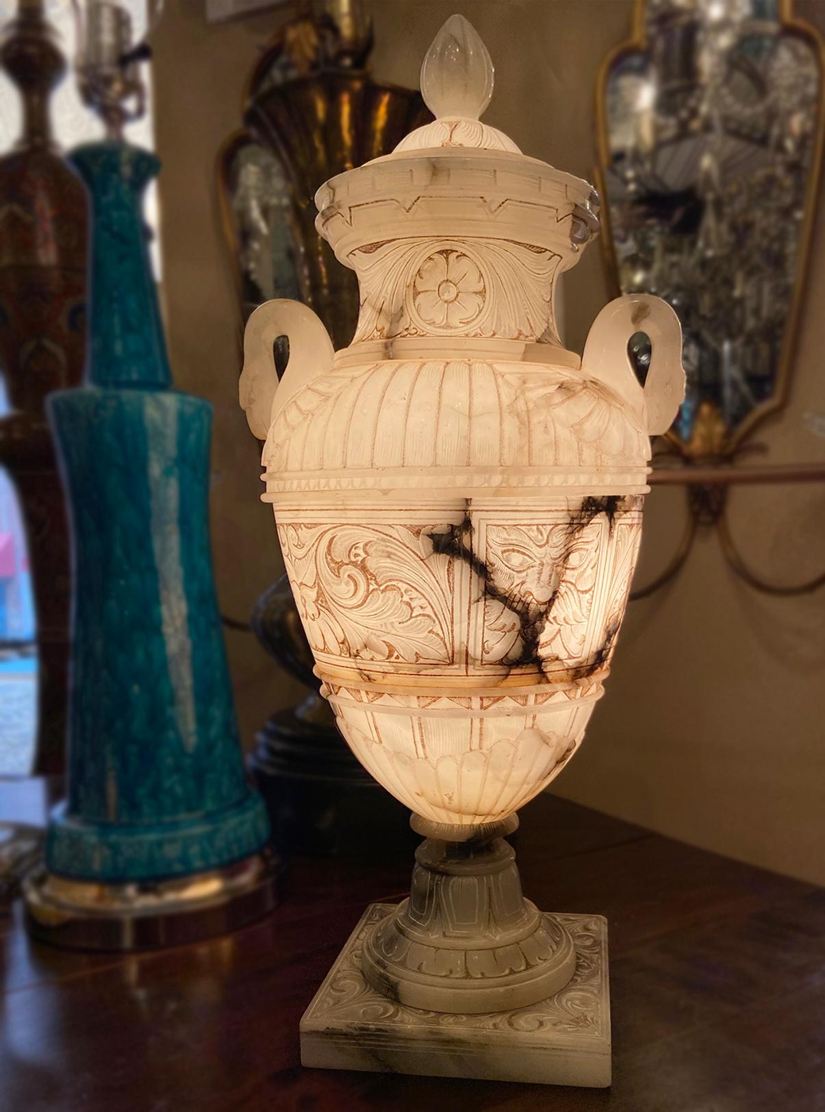 Large Carved Alabaster Urn Lamp 4