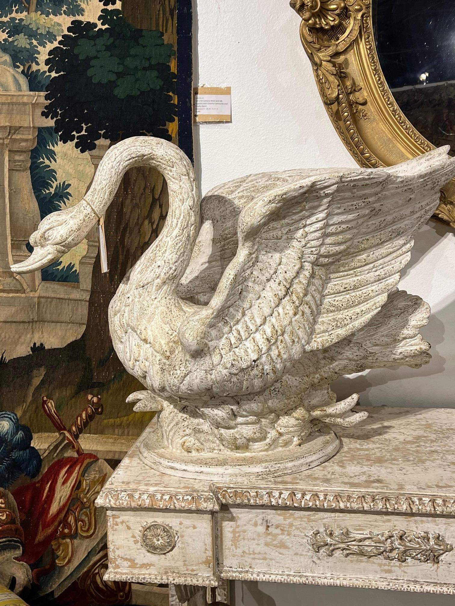 Italian Large Carved and Painted Wooden Swan Planter from Italy 'On White Console'