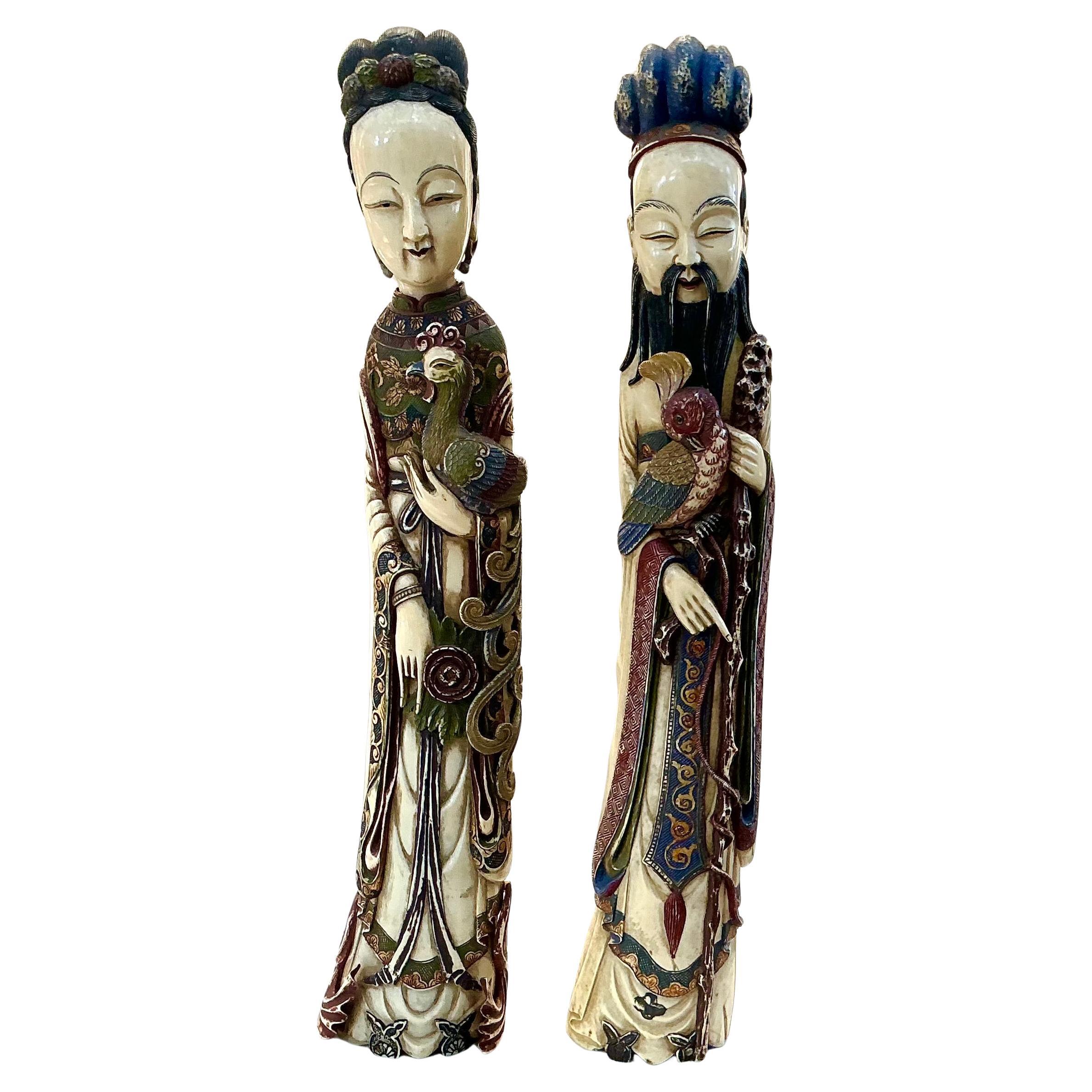 Large Carved and Polychrome Chinese Figurines, Emperor and Empress For Sale