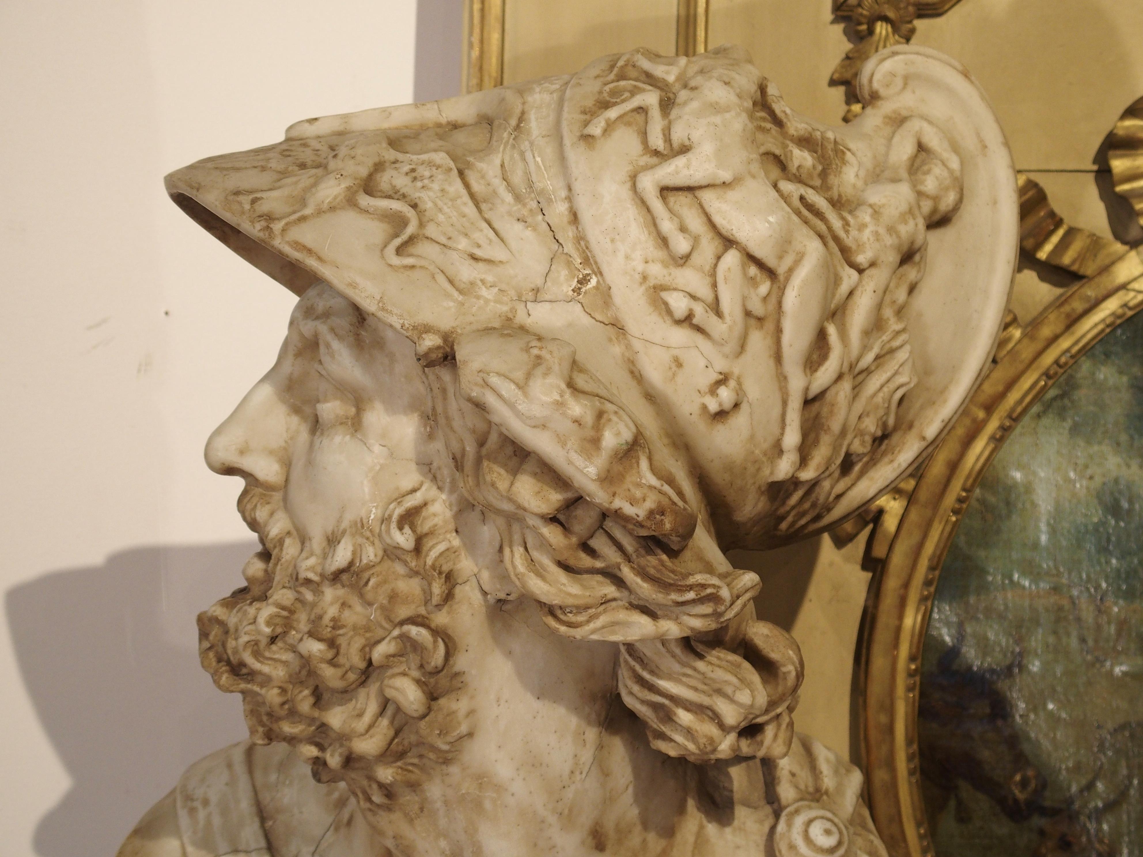 Classical Greek Large Carved Antique Italian Alabaster Bust of Menelaus, King of Sparta