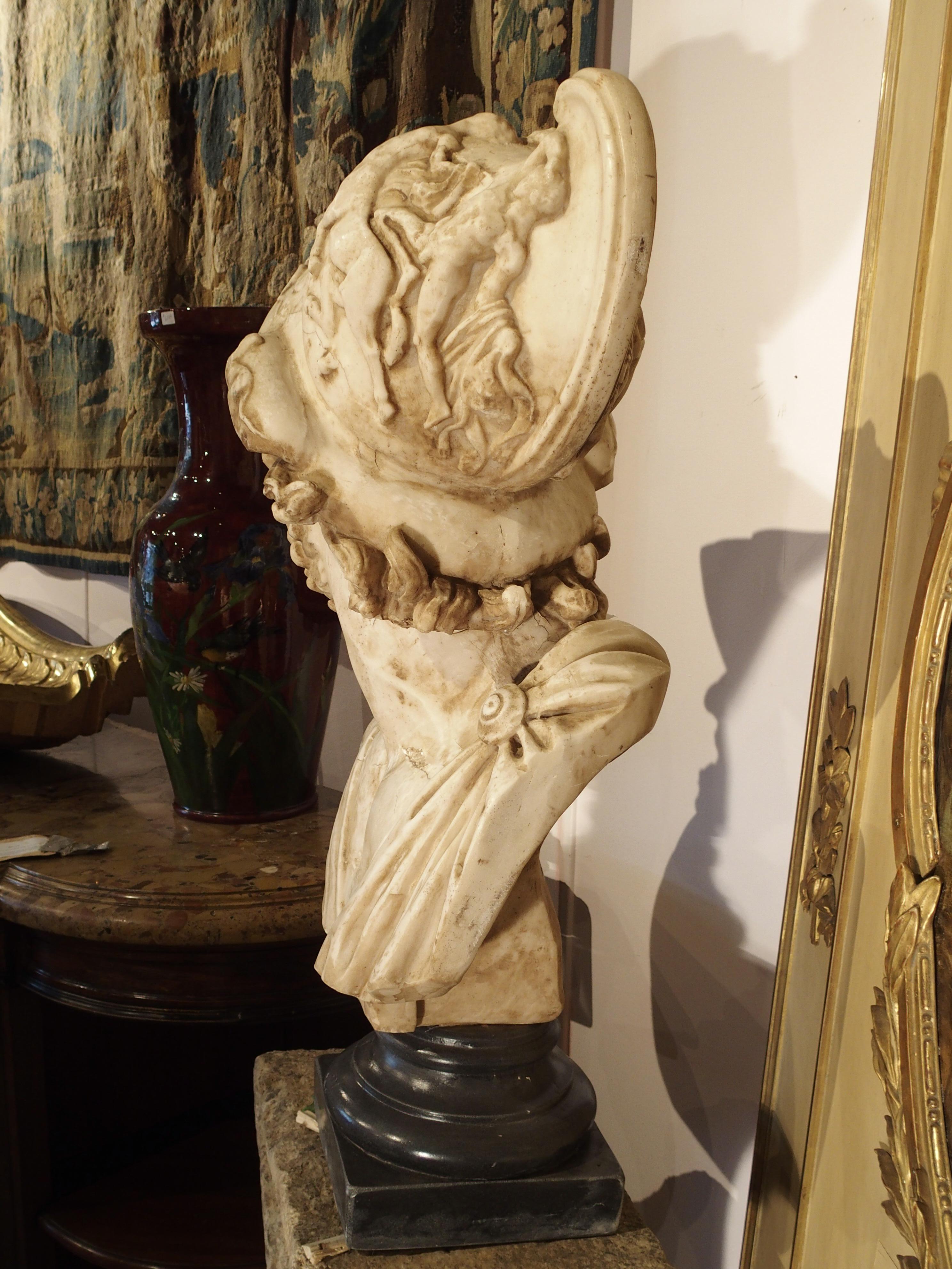 Large Carved Antique Italian Alabaster Bust of Menelaus, King of Sparta In Good Condition In Dallas, TX