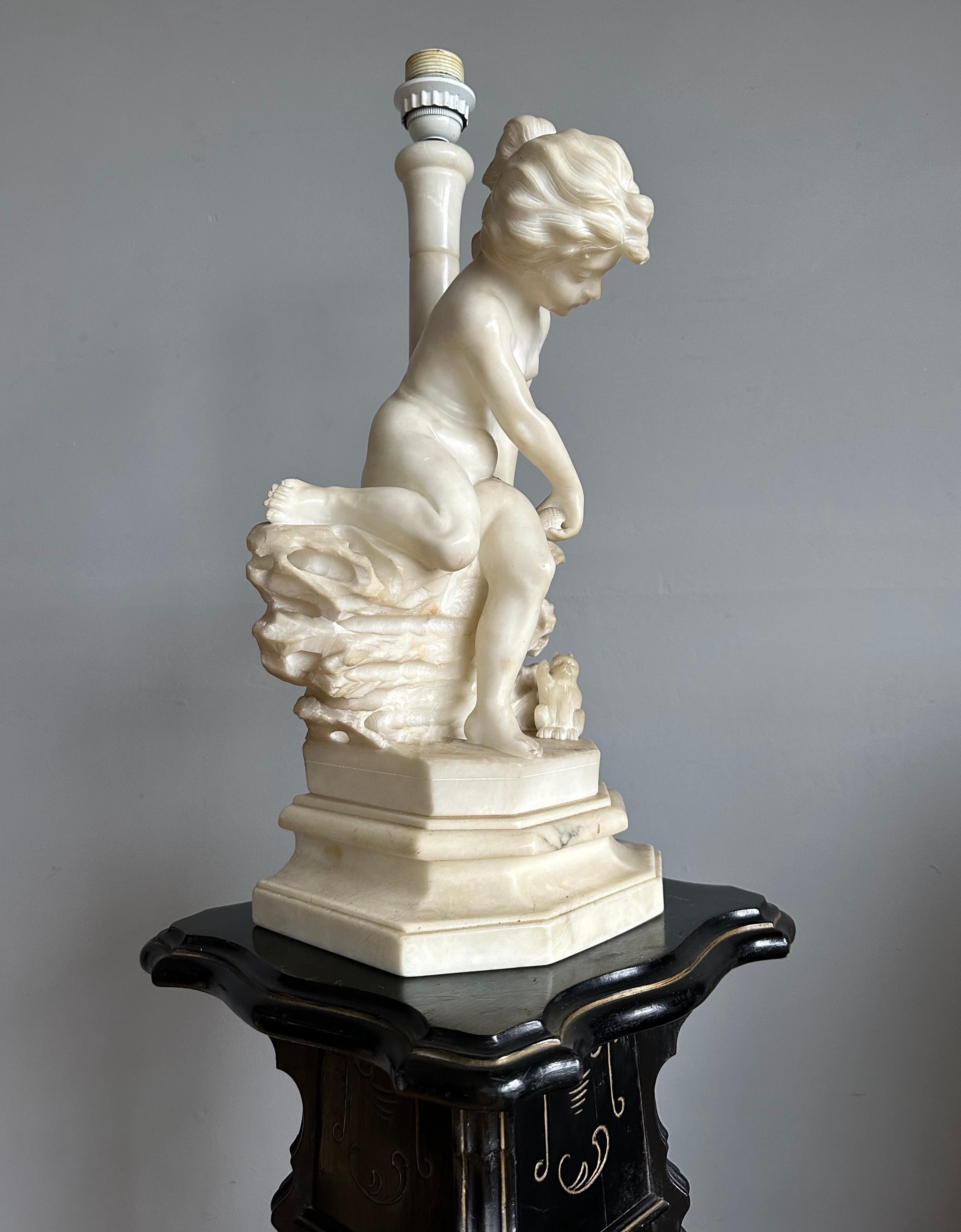 Large Carved Antique Playing Girl & Kitten Alabaster Sculpture Statue Table Lamp For Sale 4