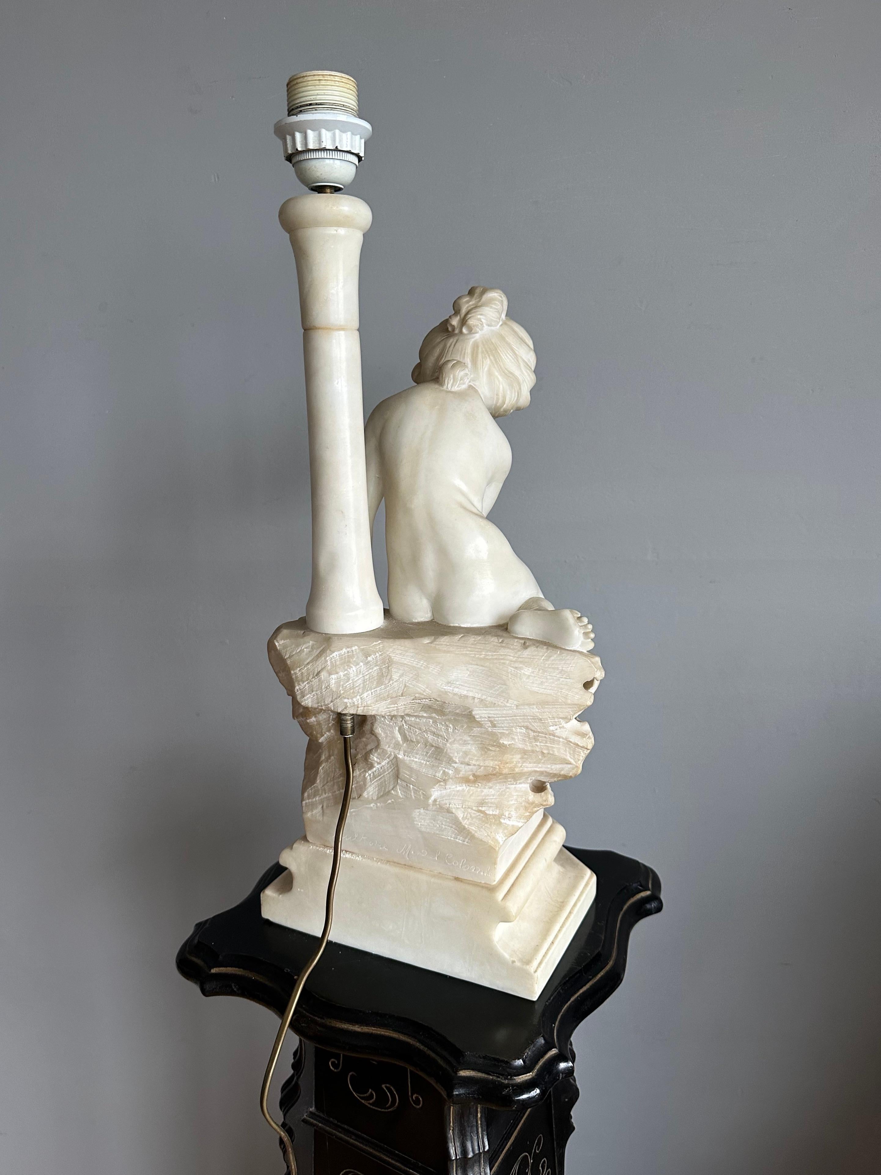 Large Carved Antique Playing Girl & Kitten Alabaster Sculpture Statue Table Lamp For Sale 5