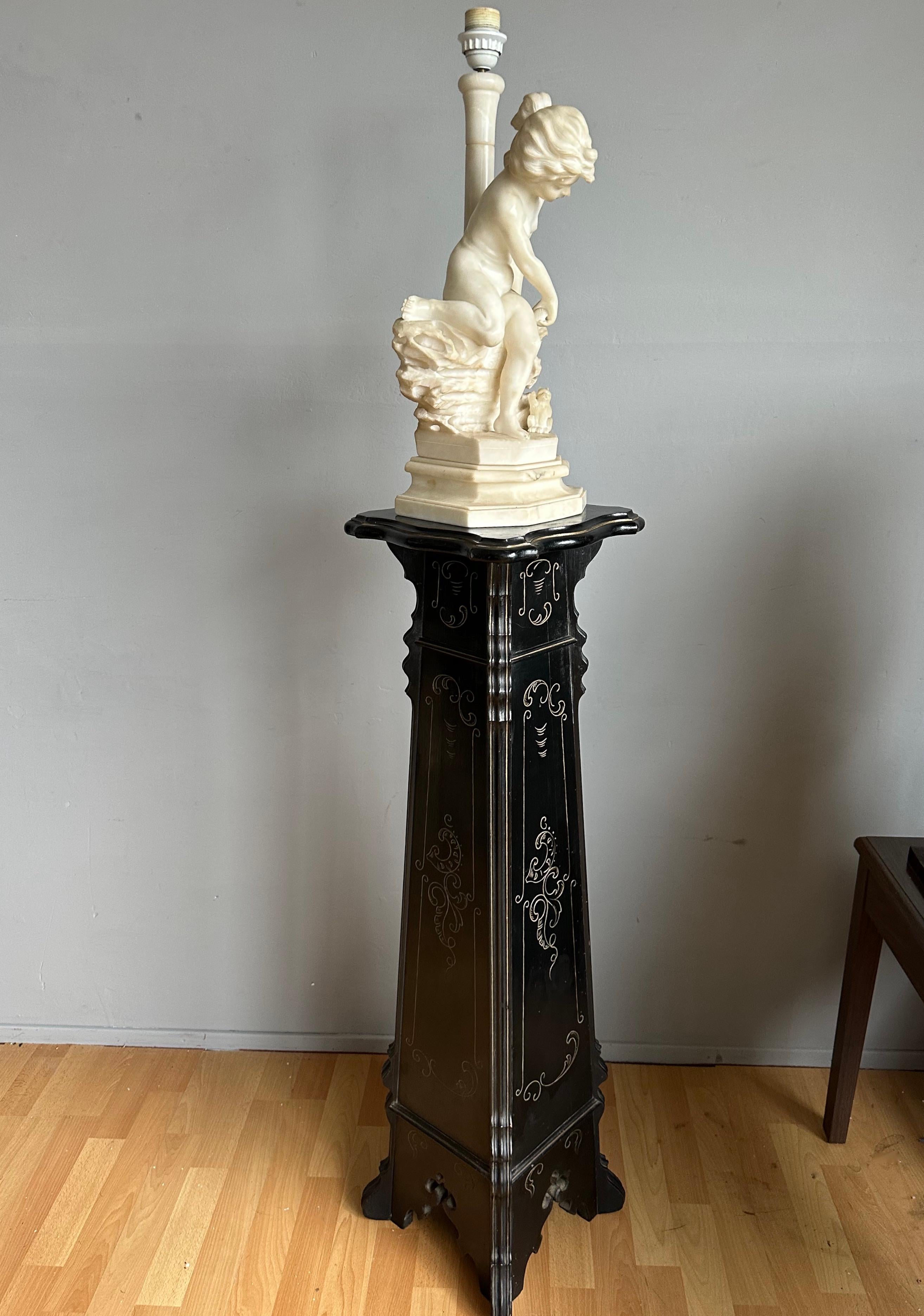 Large Carved Antique Playing Girl & Kitten Alabaster Sculpture Statue Table Lamp For Sale 8