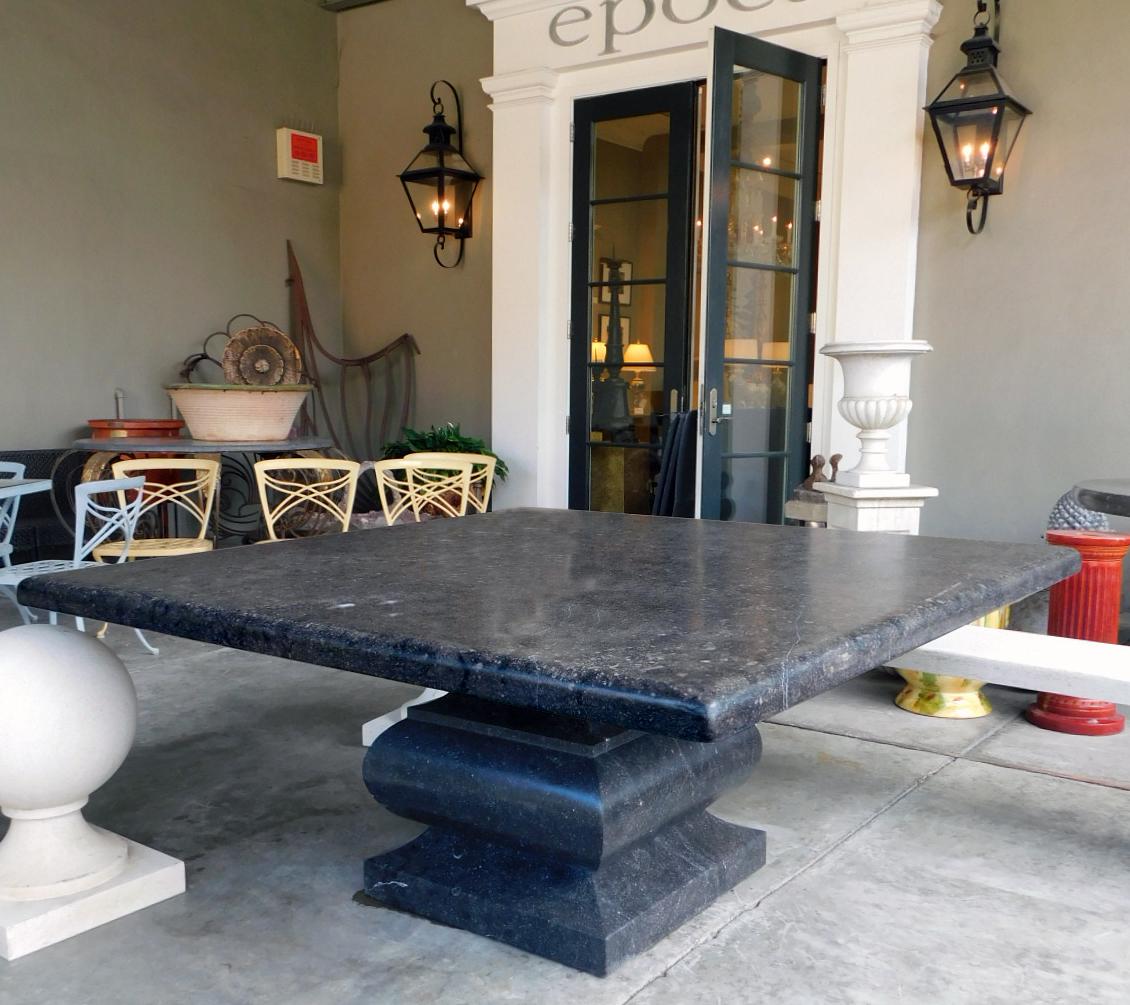 Neoclassical Large Carved Belgian Bluestone Square Dining/Center Table with Baluster Support For Sale