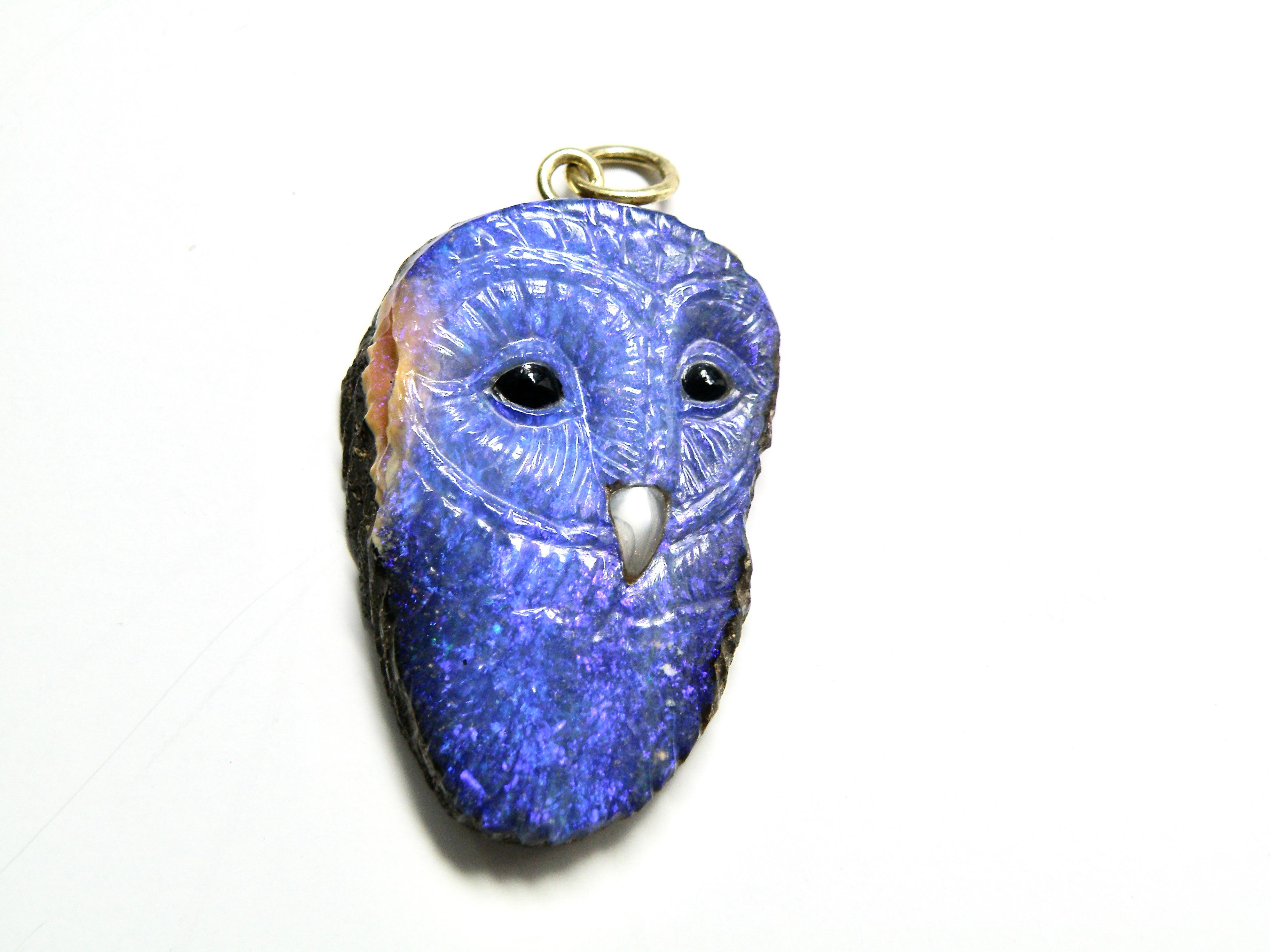 Carved Blue Opal with matrix Owl is a delightful one of a kind pendant by Idar Oberstein Carver.