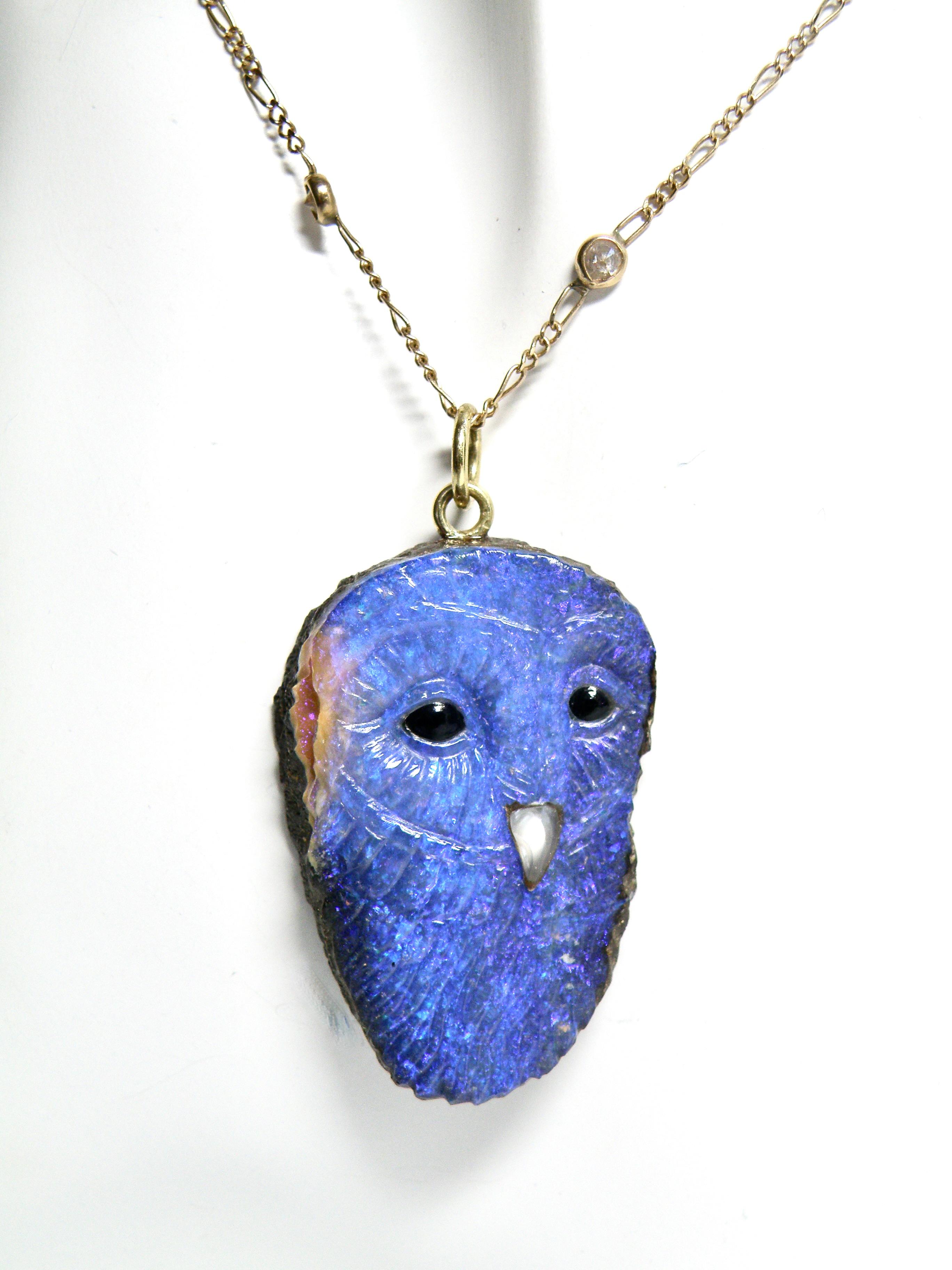 Contemporary Large carved Blue Opal with matrix Owl 18k pendant