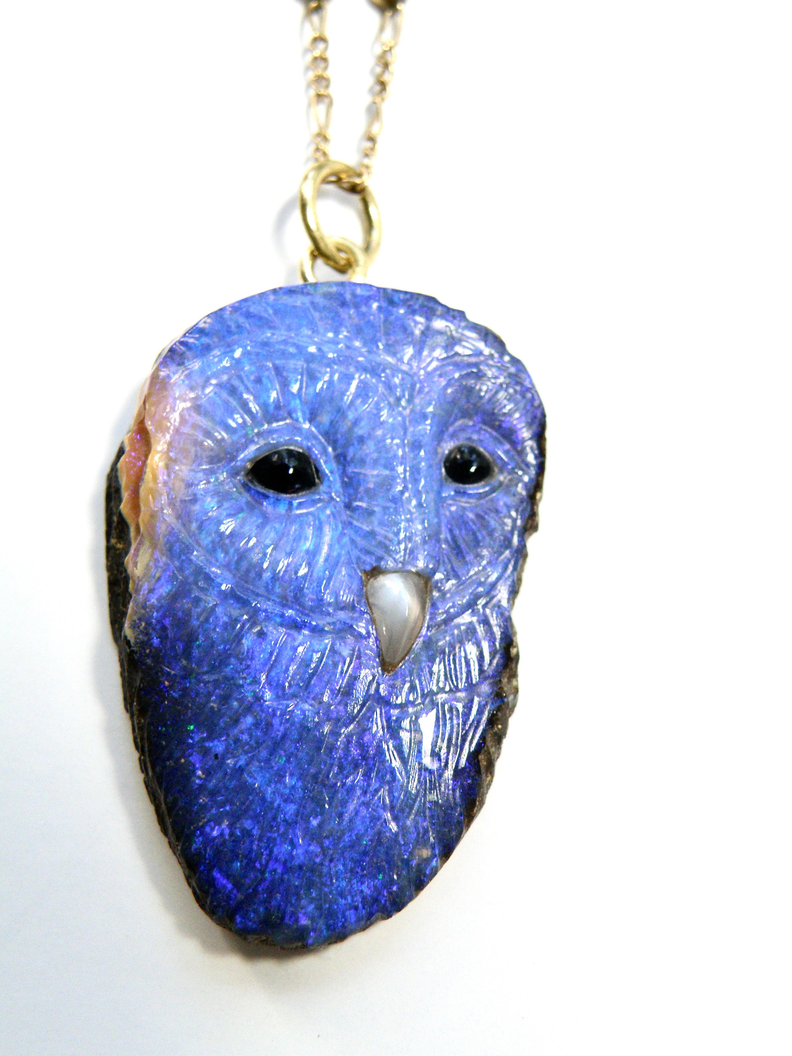 Large carved Blue Opal with matrix Owl 18k pendant In New Condition In Cohasset, MA