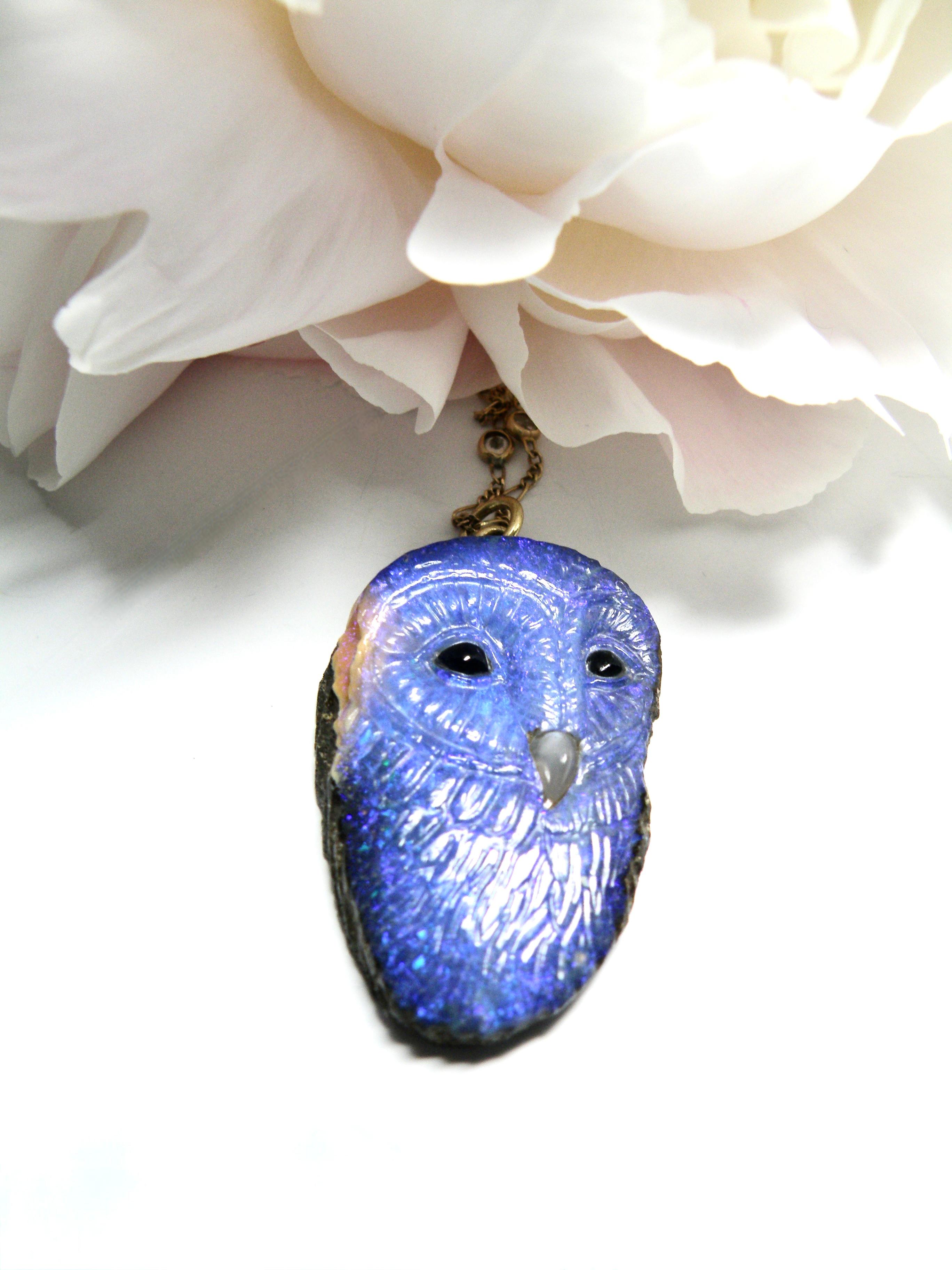 Large carved Blue Opal with matrix Owl 18k pendant 1