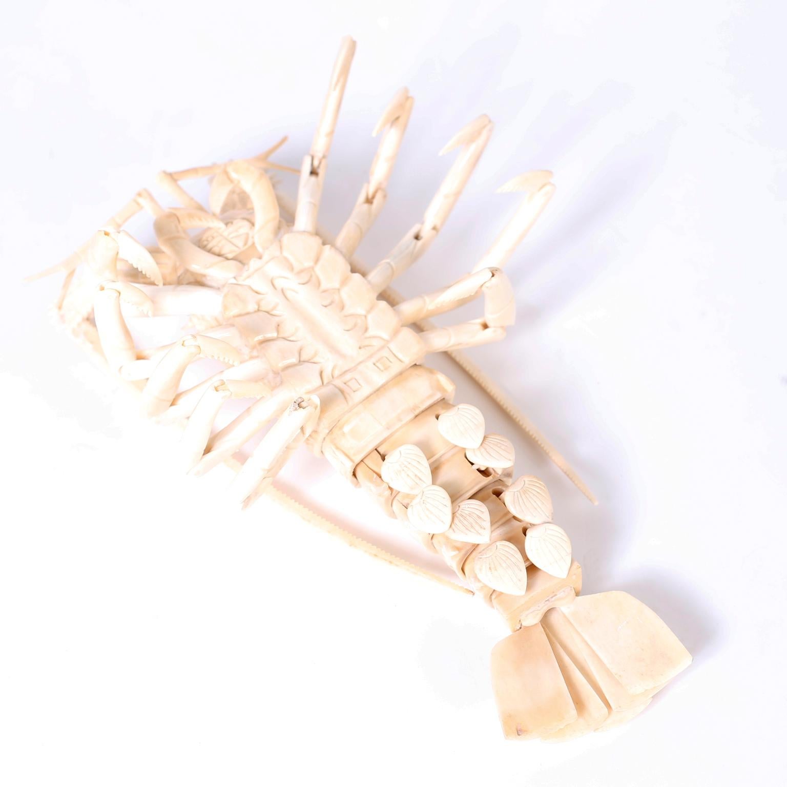 Large Carved Bone Lobster In Good Condition In Palm Beach, FL