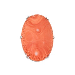 Large Carved Coral Cocktail Ring Vintage 14k White Gold Sz 6 Flower Jewelry