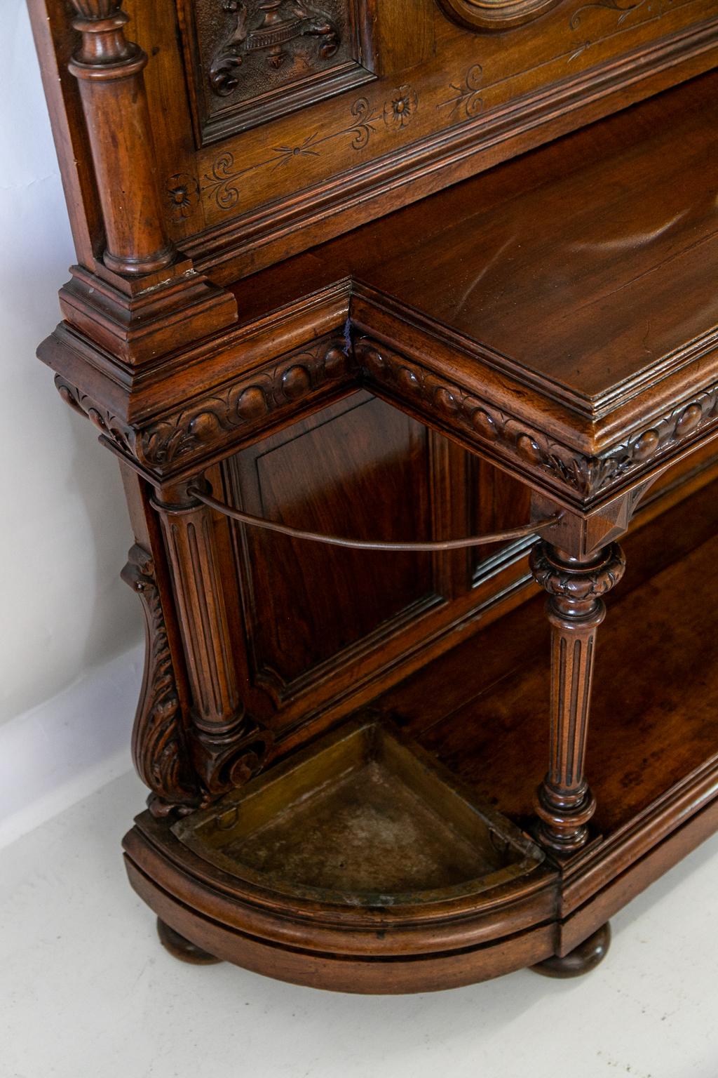 Hand-Carved Large Carved English Solid Walnut Hall Stand For Sale