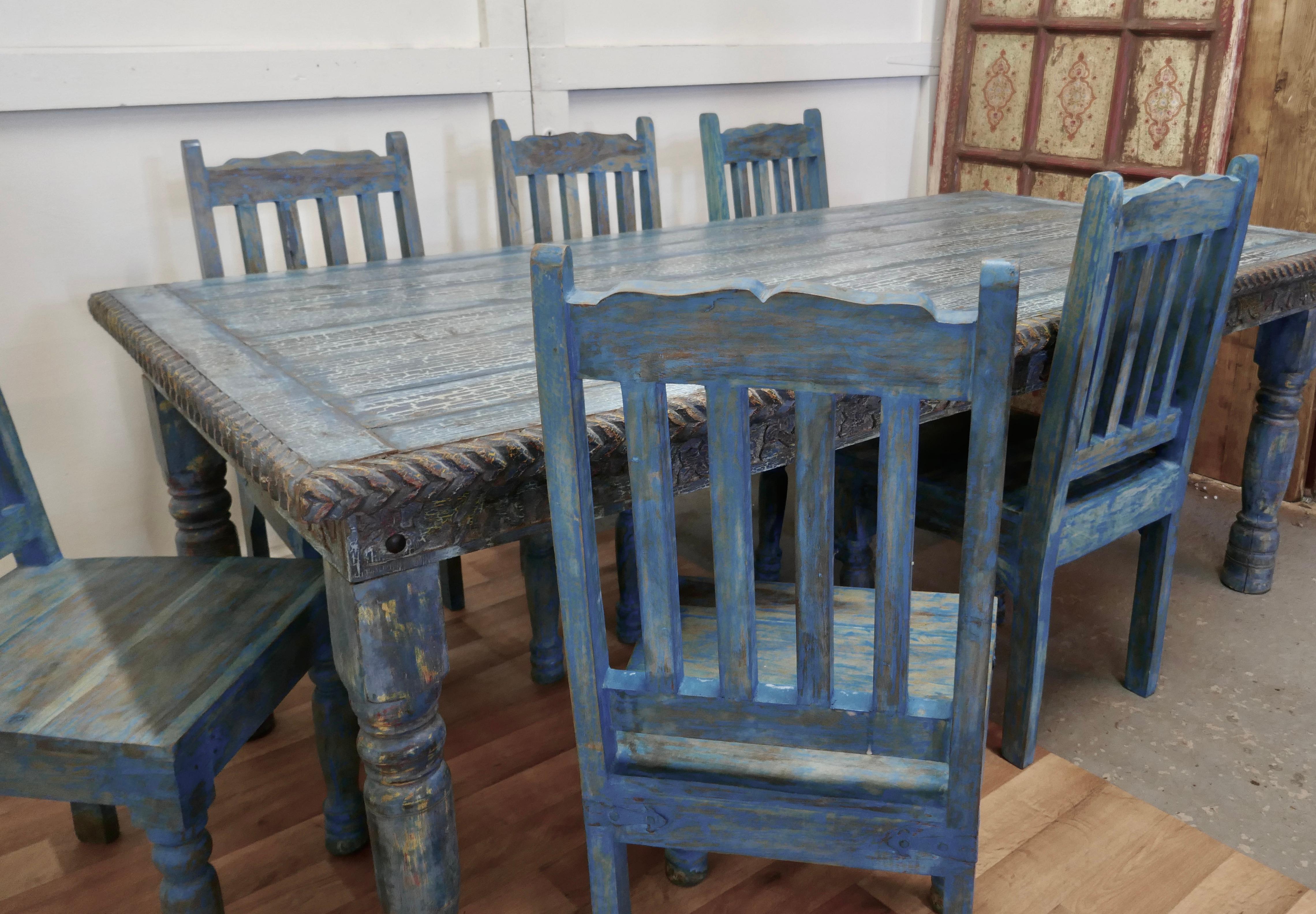 Large Carved Folk Art Painted Table and 6 Chairs    For Sale 8