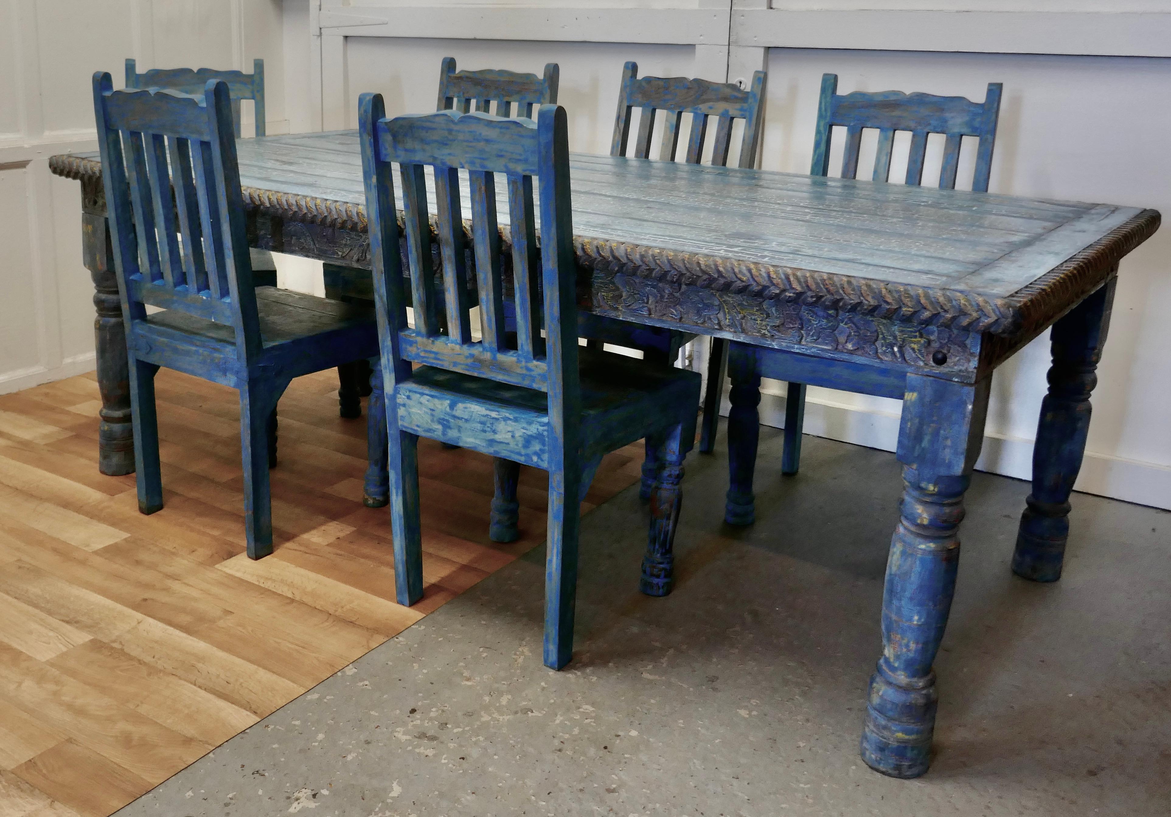 Anglo-Indian Large Carved Folk Art Painted Table and 6 Chairs    For Sale