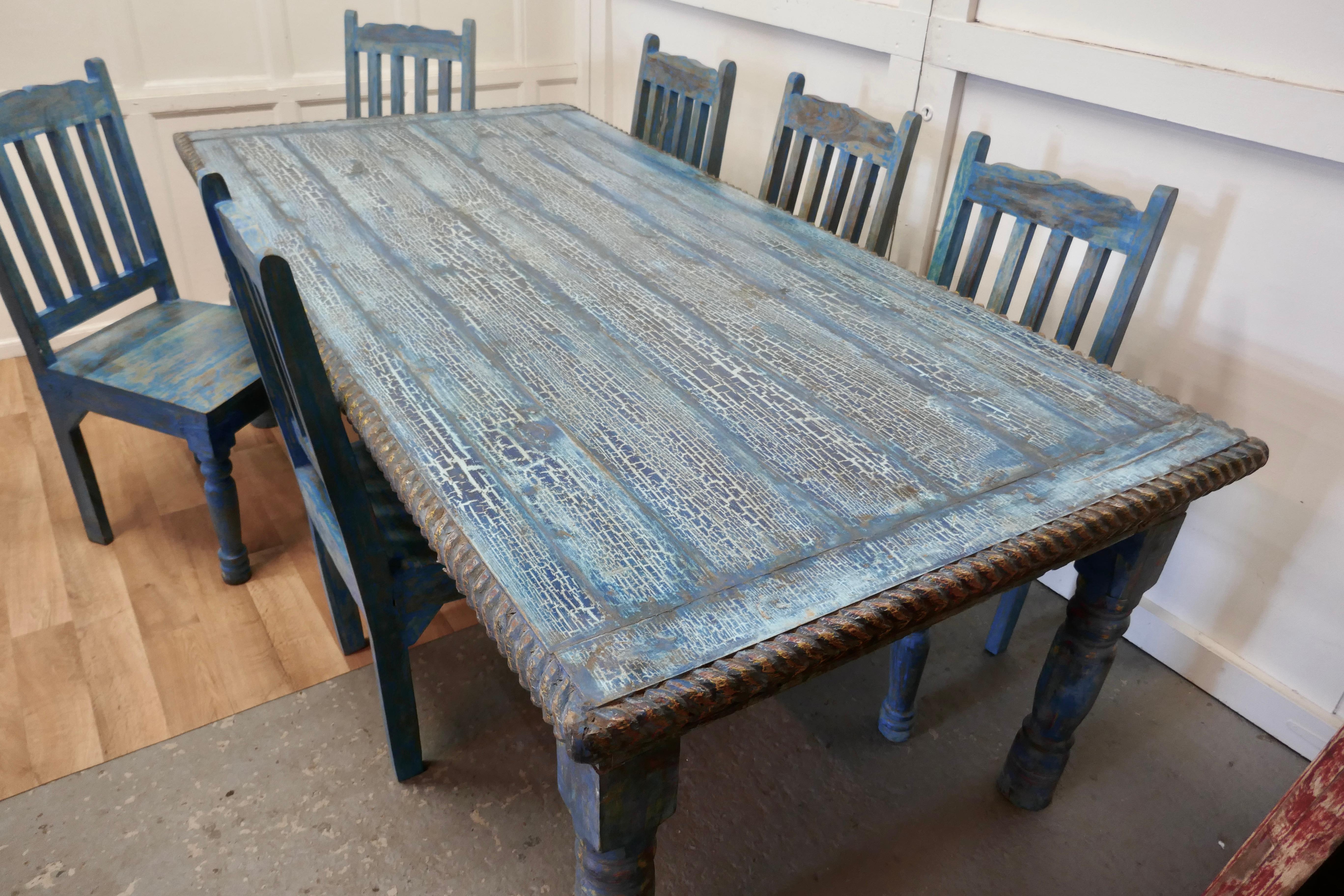 Early 20th Century Large Carved Folk Art Painted Table and 6 Chairs    For Sale