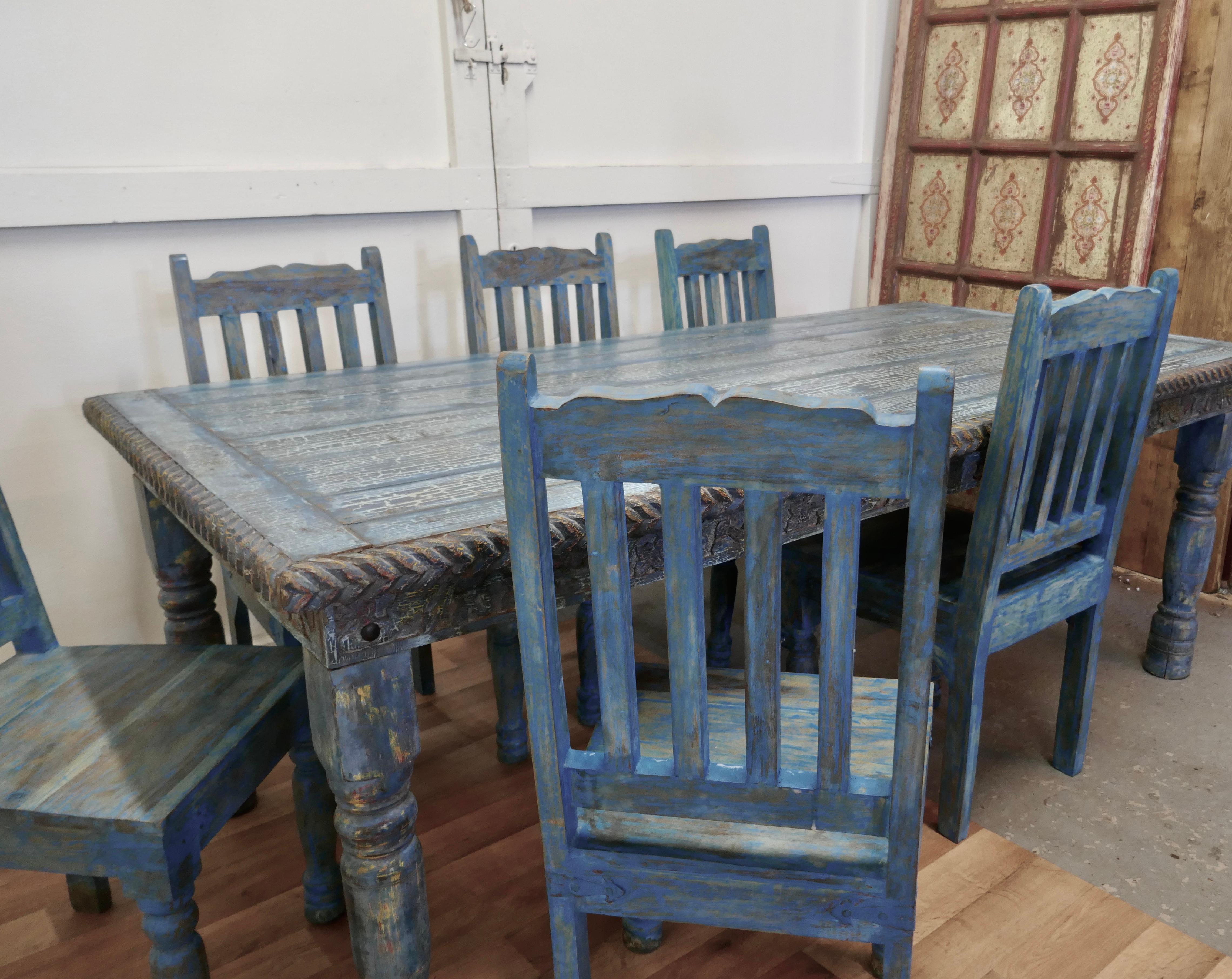 20th Century Large Carved Folk Art Painted Table and 6 Chairs