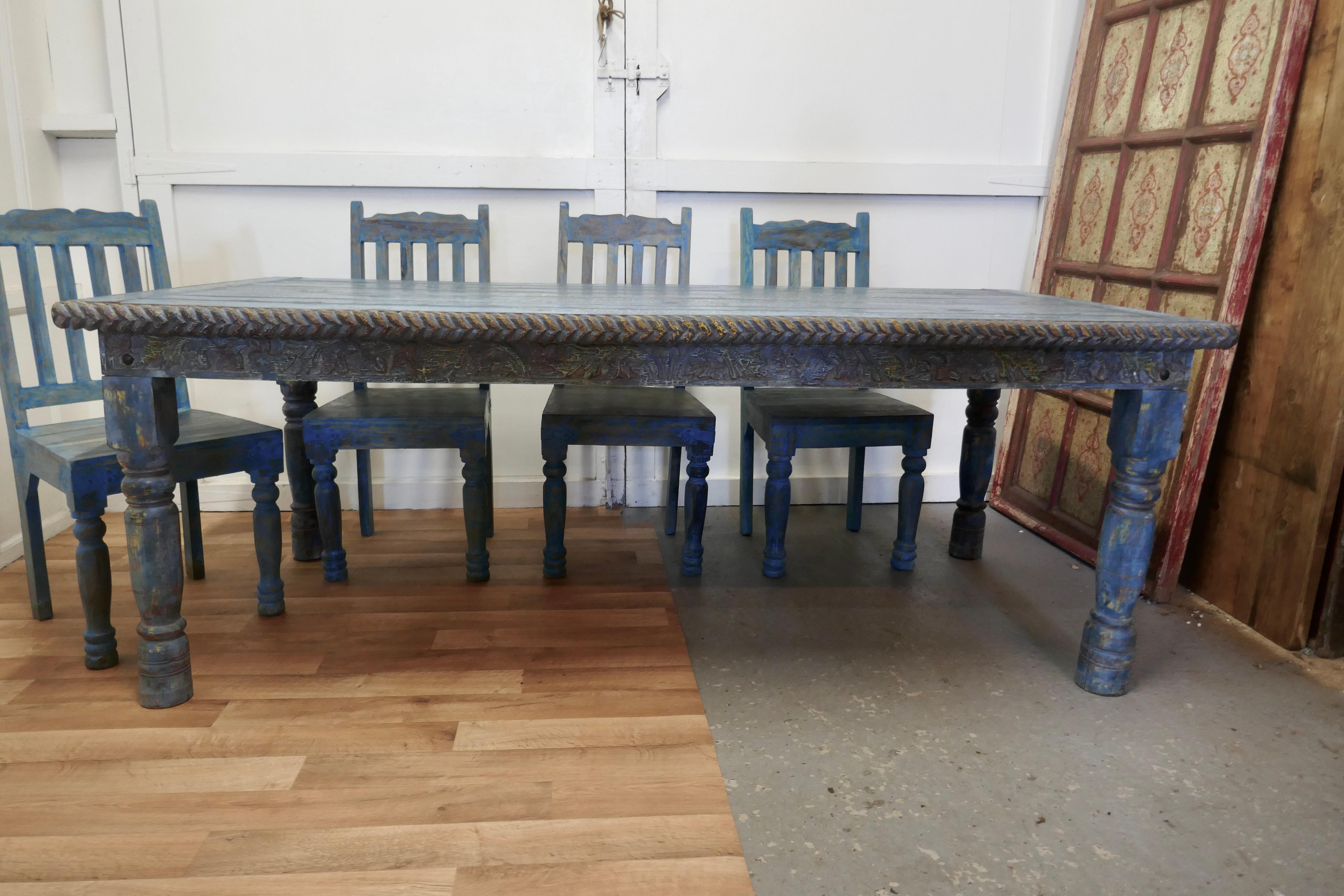 Large Carved Folk Art Painted Table and 6 Chairs 2