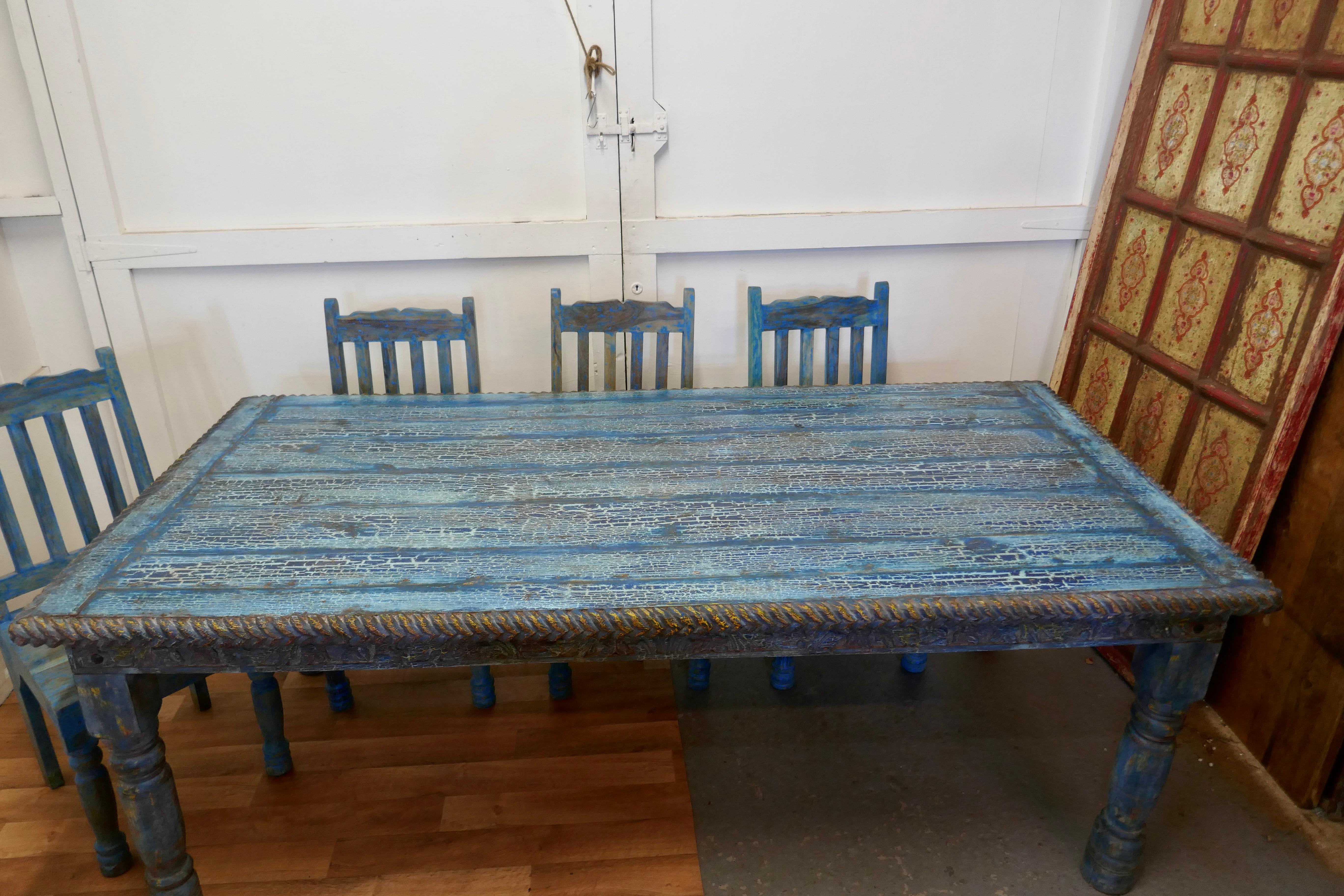 Large Carved Folk Art Painted Table and 6 Chairs 3