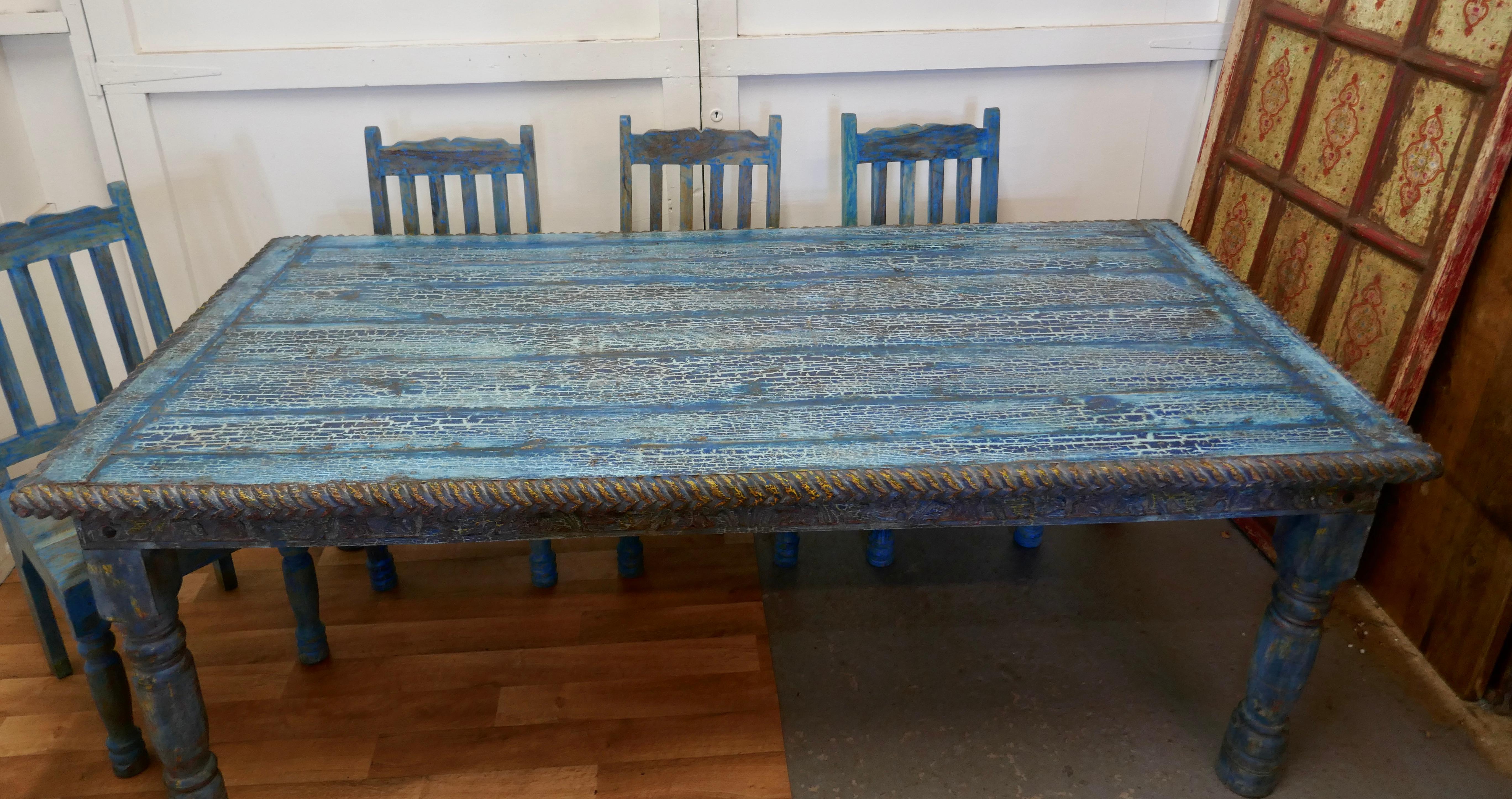 Large Carved Folk Art Painted Table and 6 Chairs    For Sale 3