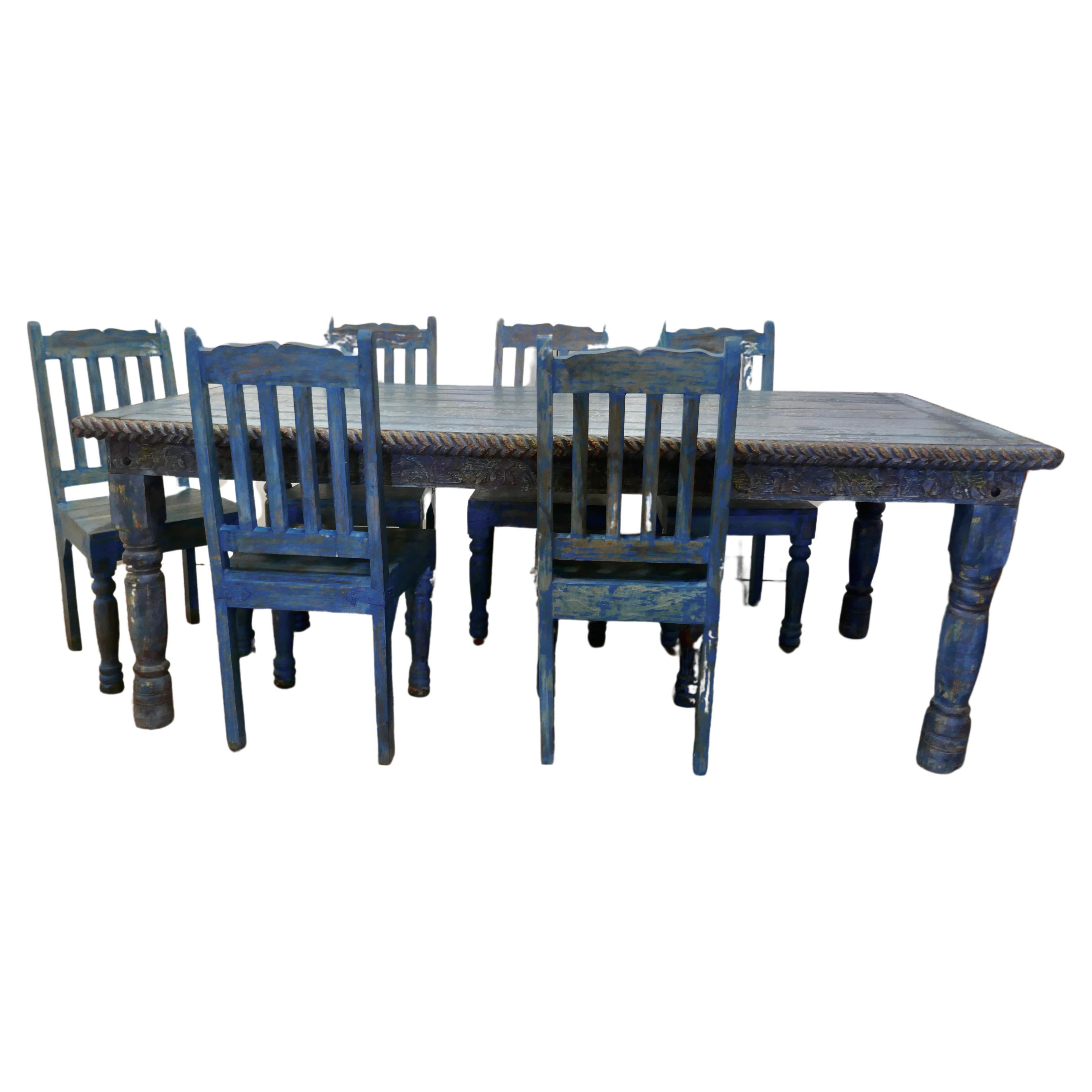 Large Carved Folk Art Painted Table and 6 Chairs    For Sale