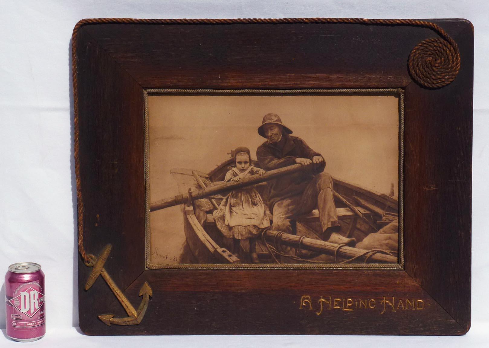 Folk Art Large Carved Frame Decorated with a Nautical Theme and Holding a Nautical Print