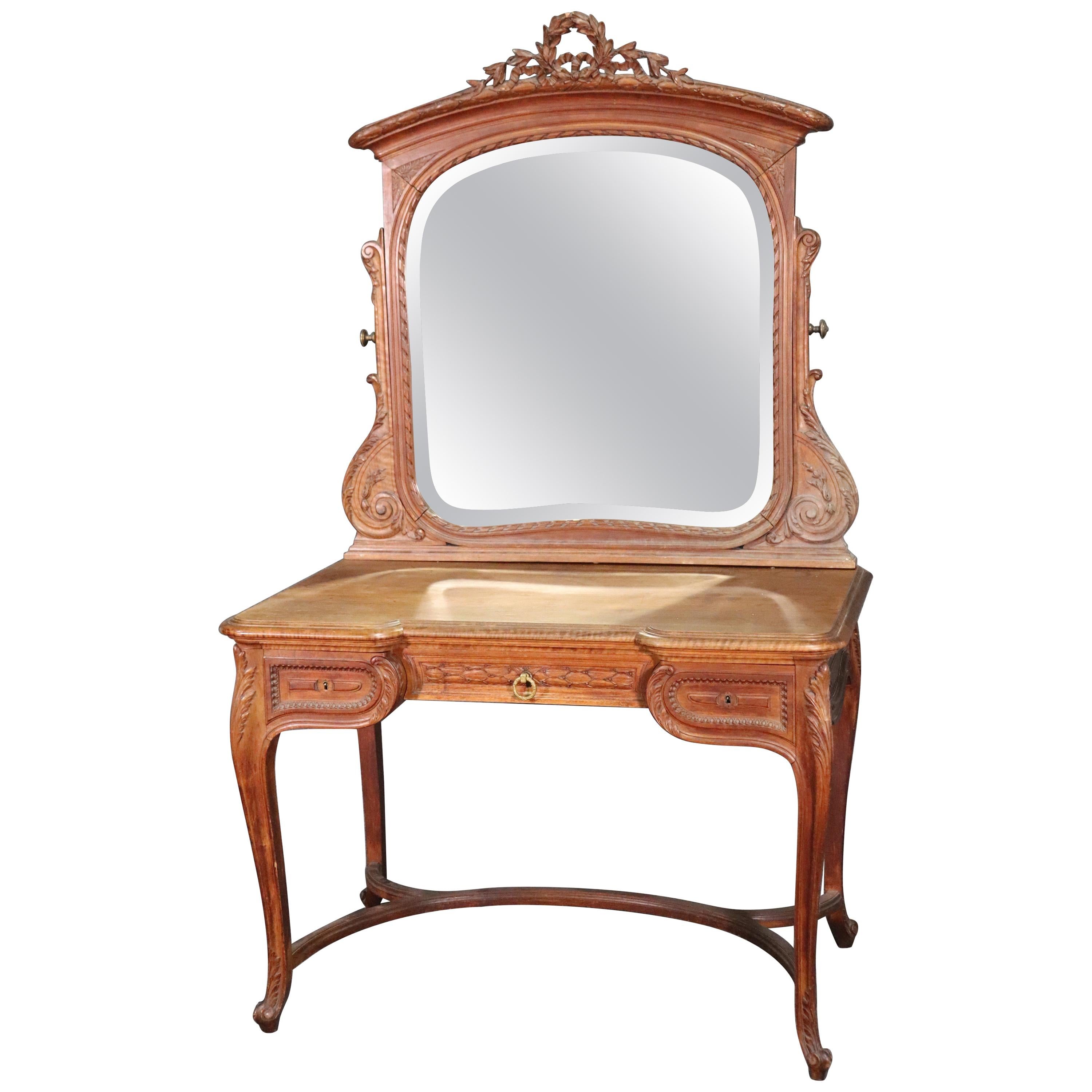 Large Carved French Louis XV Walnut Mirrored Ladies Vanity, circa 1920