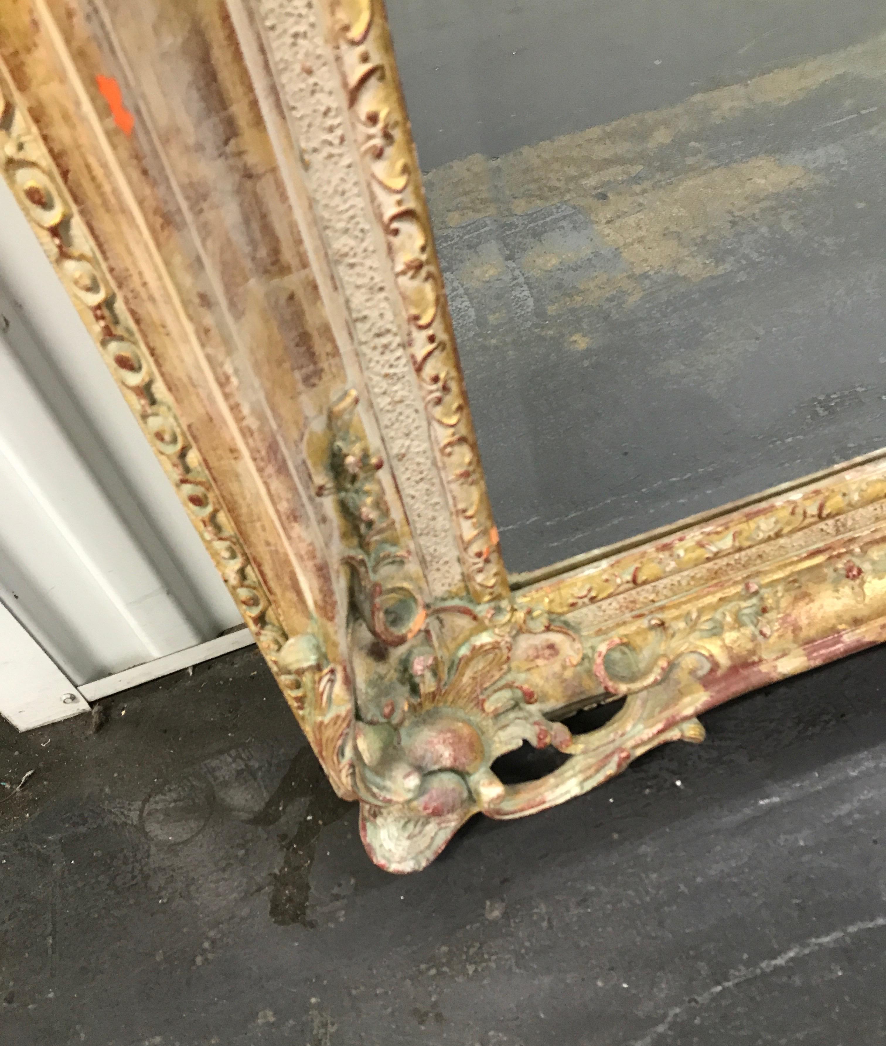 Wood Large Carved, Gilded and Painted Mirror For Sale