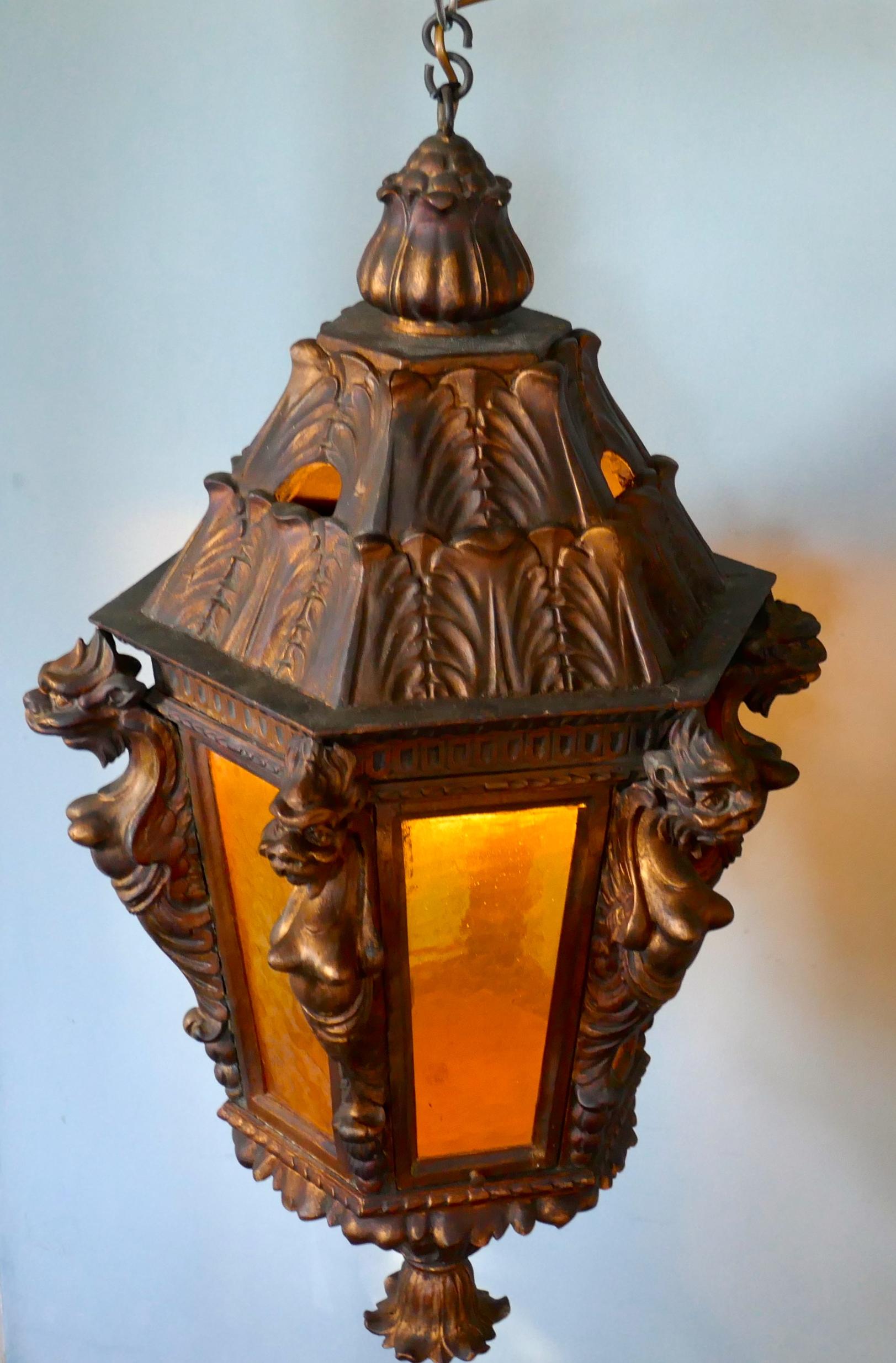 Large Carved Gilded Wooden Lantern from Theatre Royal Brighton In Good Condition For Sale In Godshill, Isle of Wight