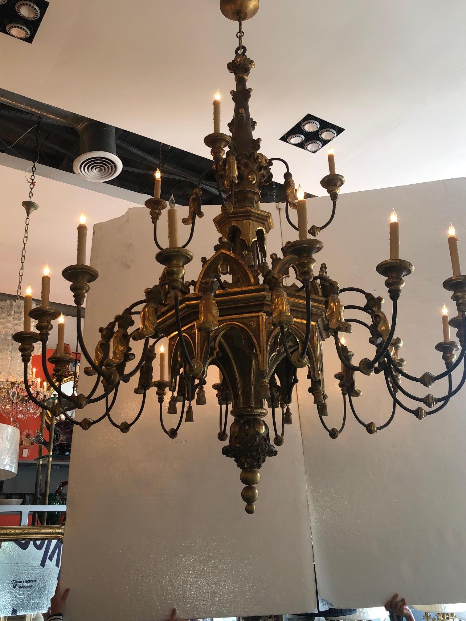 Hand-Crafted Large Carved Gilt Gold Chandelier For Sale