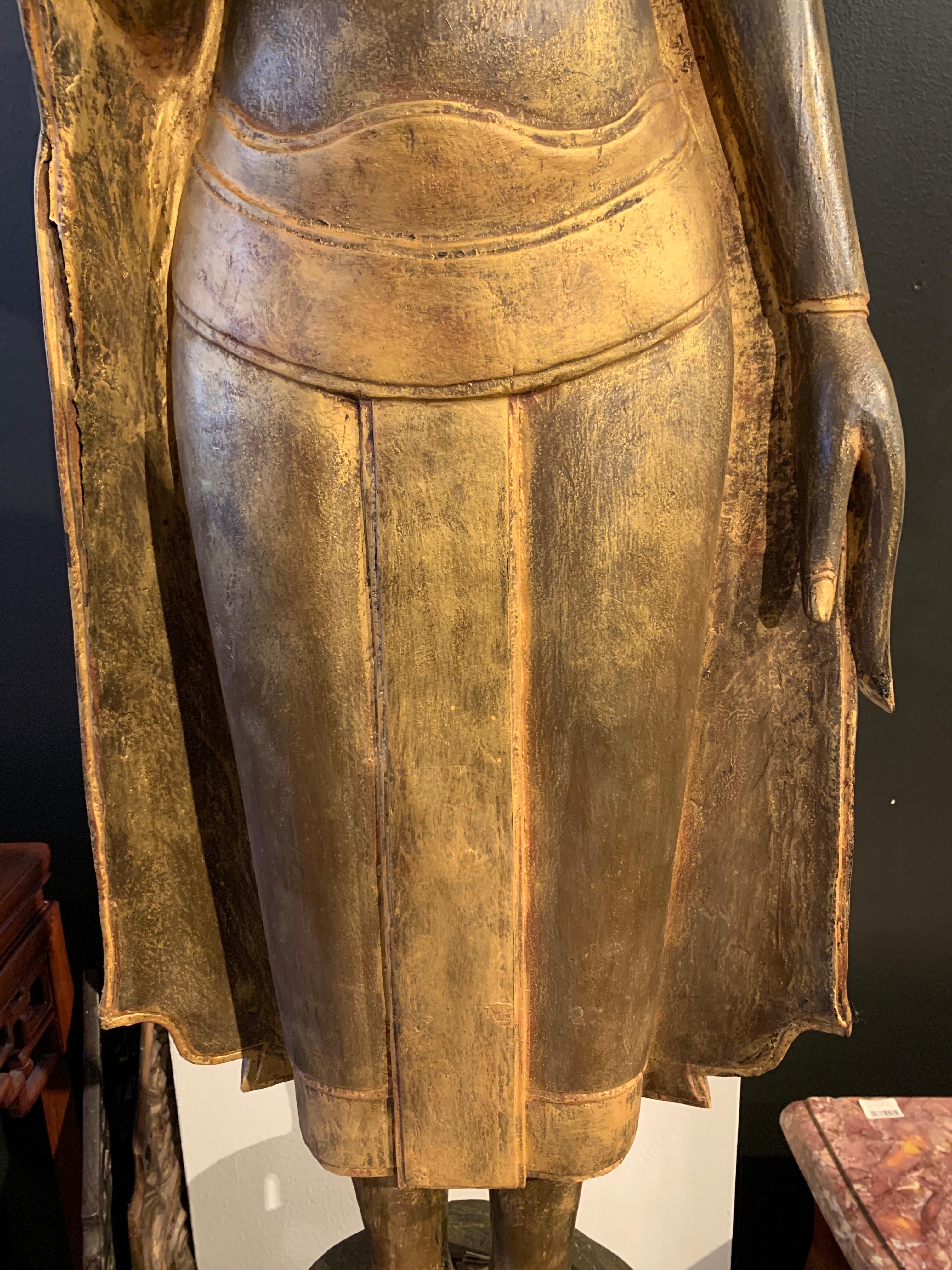 Large Carved Gilt Teak Standing Buddha, Northern Thailand, Early 20th Century For Sale 6