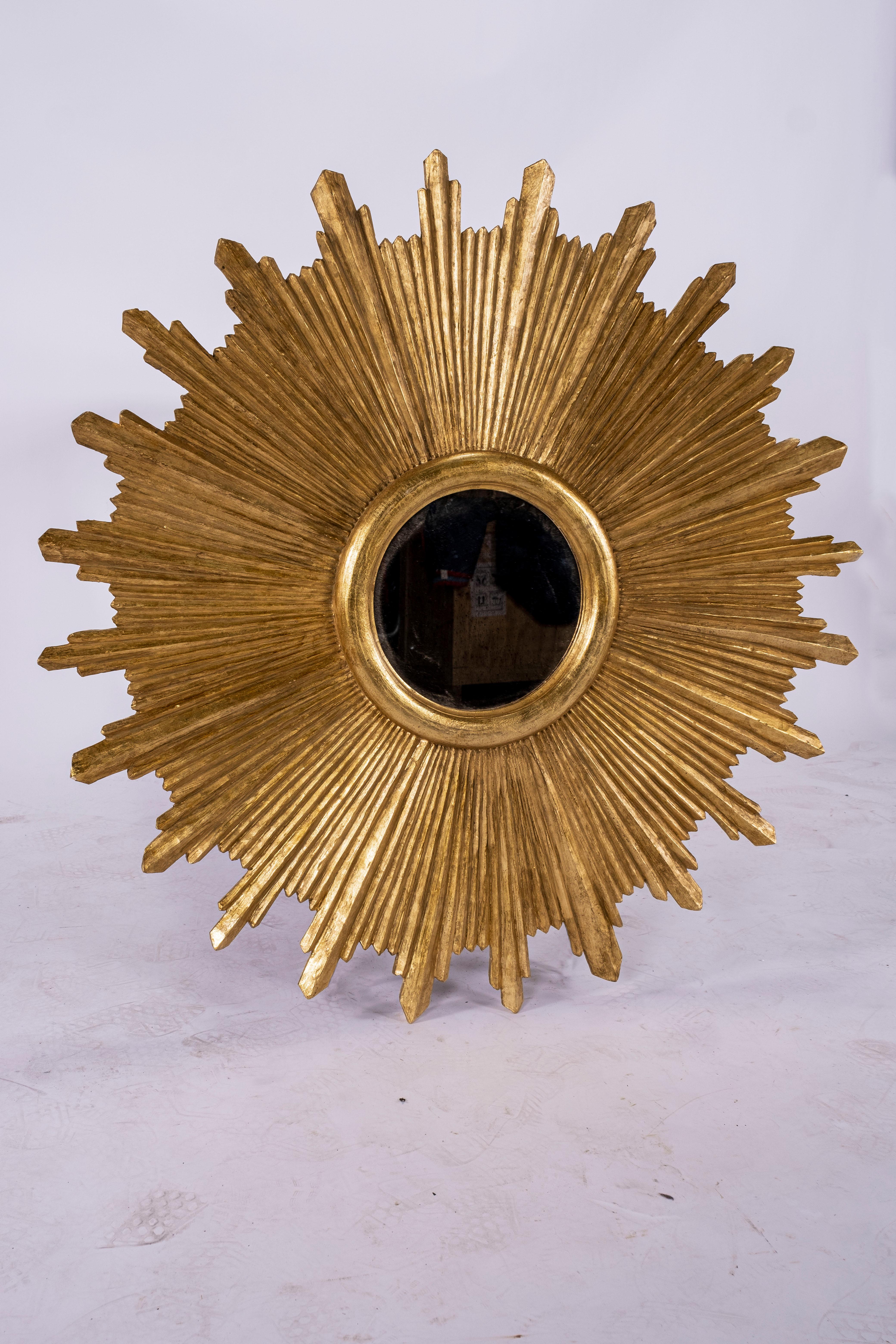 Italian Large Carved Gilt Wood Sunburst Mirror
