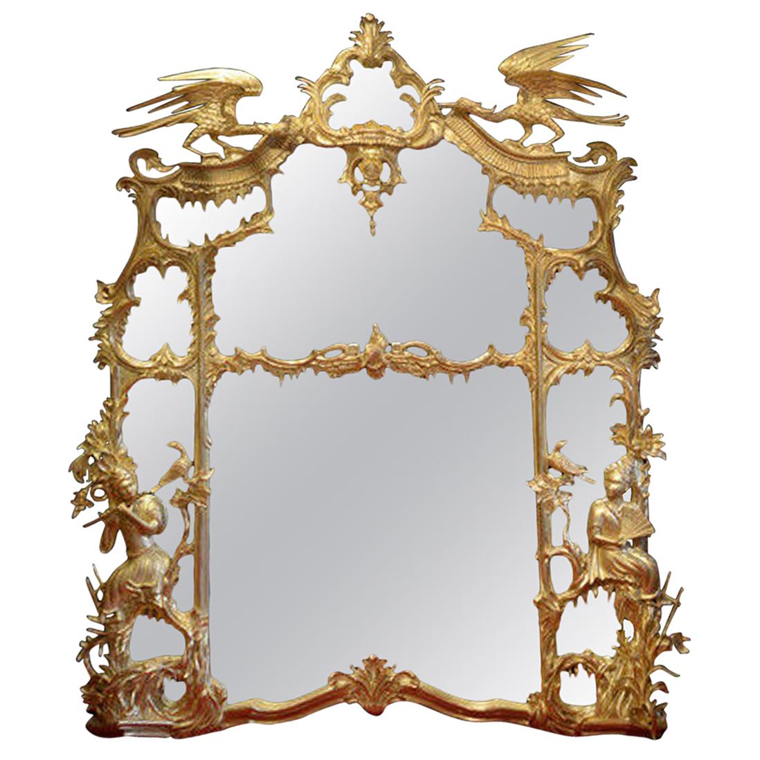 Large Carved Giltwood Chinese Chippendale Style Mirror For Sale