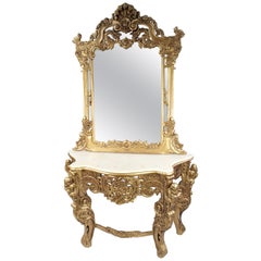 Large Carved Giltwood Marble Topped Console Table with Mirror