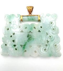 Large Carved Green White Jadeite Jade Pendant Vintage