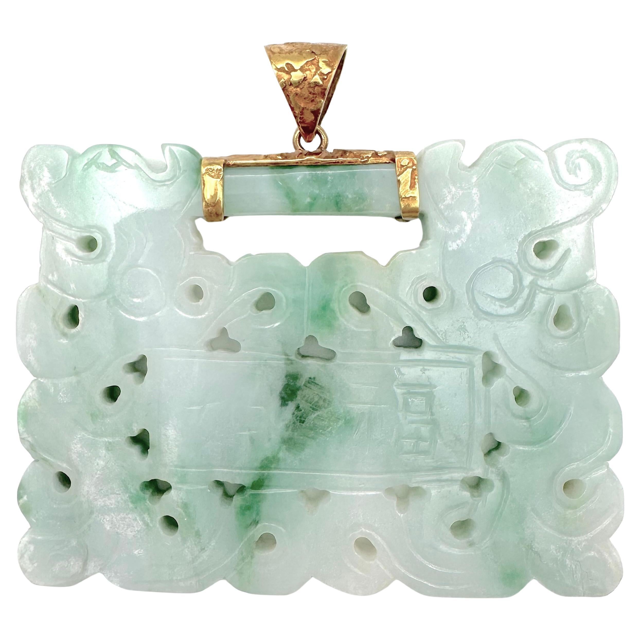 Large Carved Green White Jadeite Jade Pendant Vintage For Sale