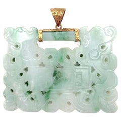 Large Carved Green White Jadeite Jade Pendant Vintage