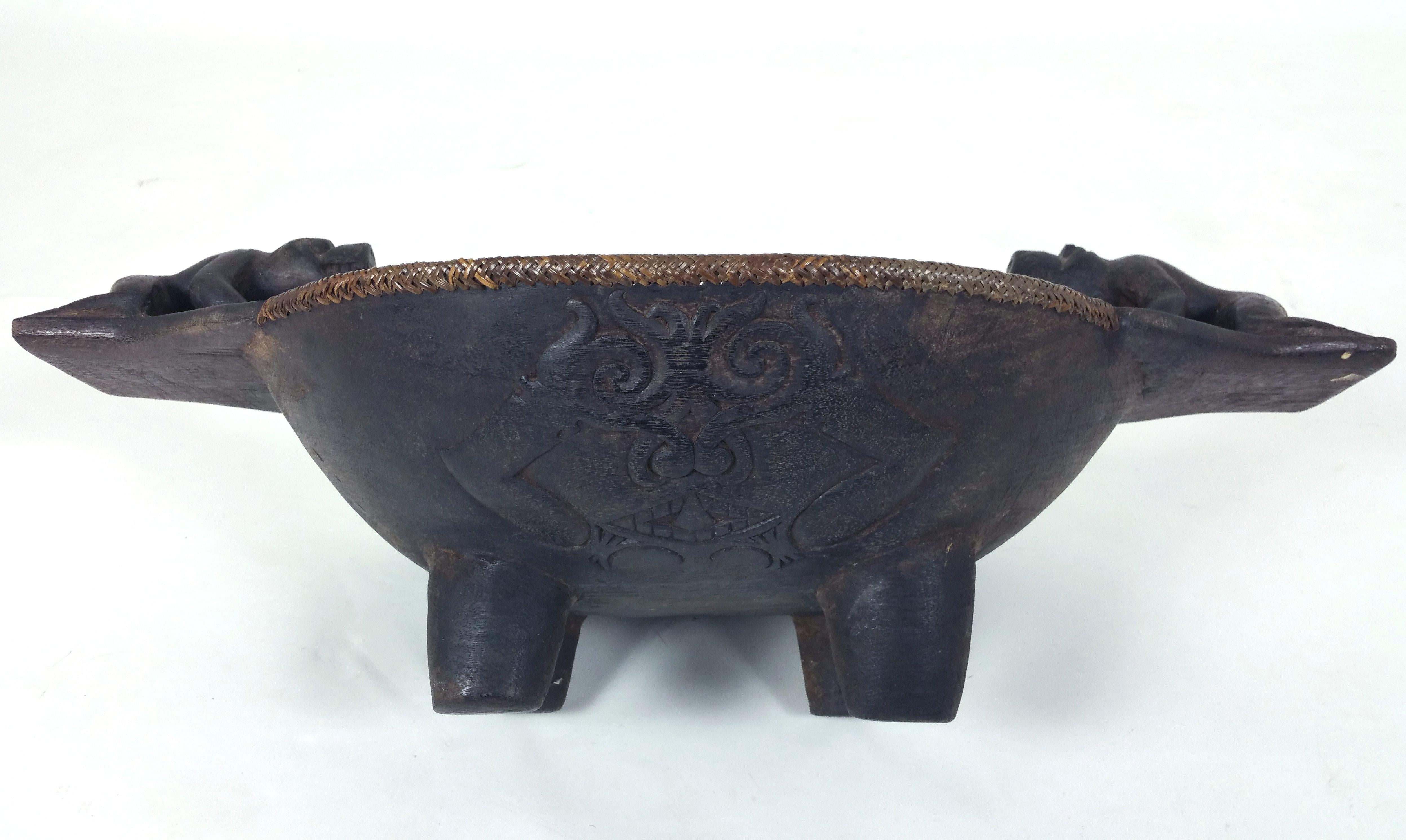 Large Carved Hardwood and Rattan Chieftains Bowl 5