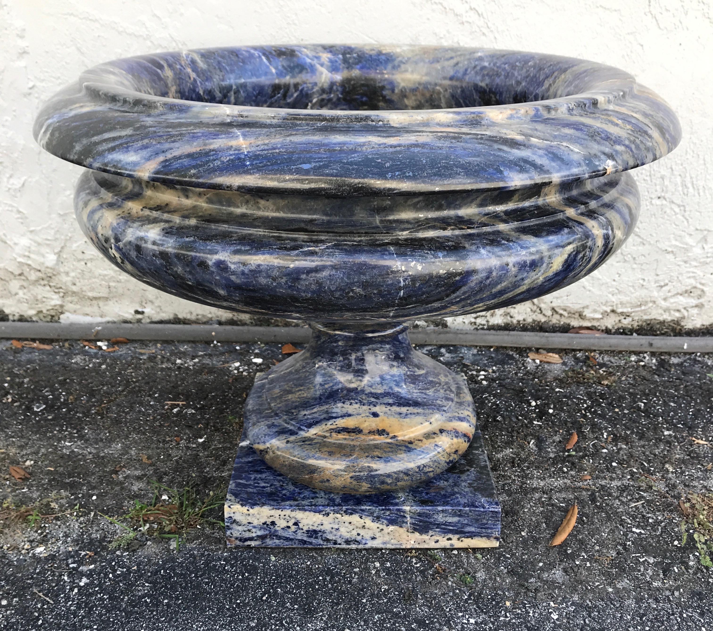 Monumental blue lapis marble urn centerpiece.